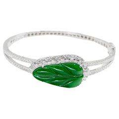 Certified Icy Apple Green Jade & Rose Cut Diamond Bangle Bracelet, Lucky Jade