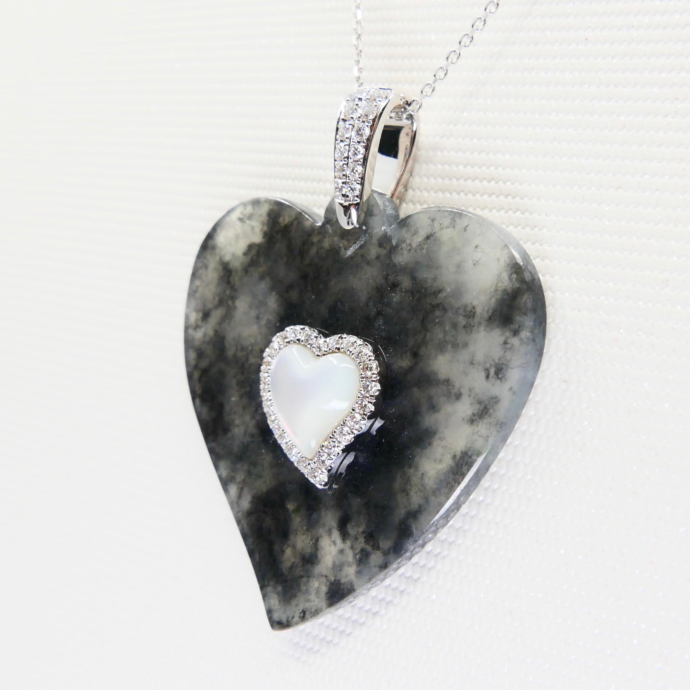 Certified Icy Black Jade, Diamond & Mother of Pearl Heart Pendant Necklace For Sale 2