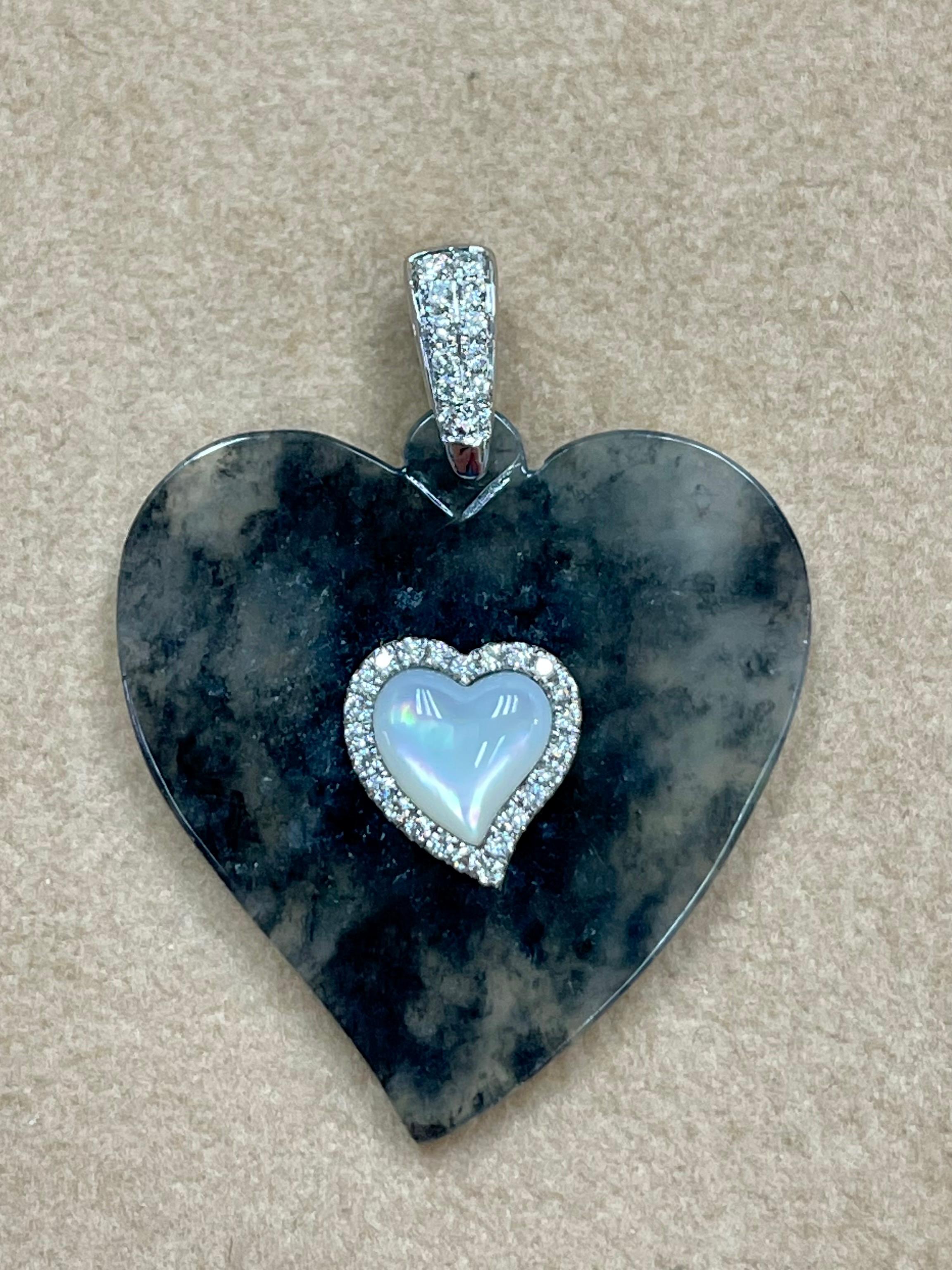 Certified Icy Black Jade, Diamond & Mother of Pearl Heart Pendant Necklace For Sale 4