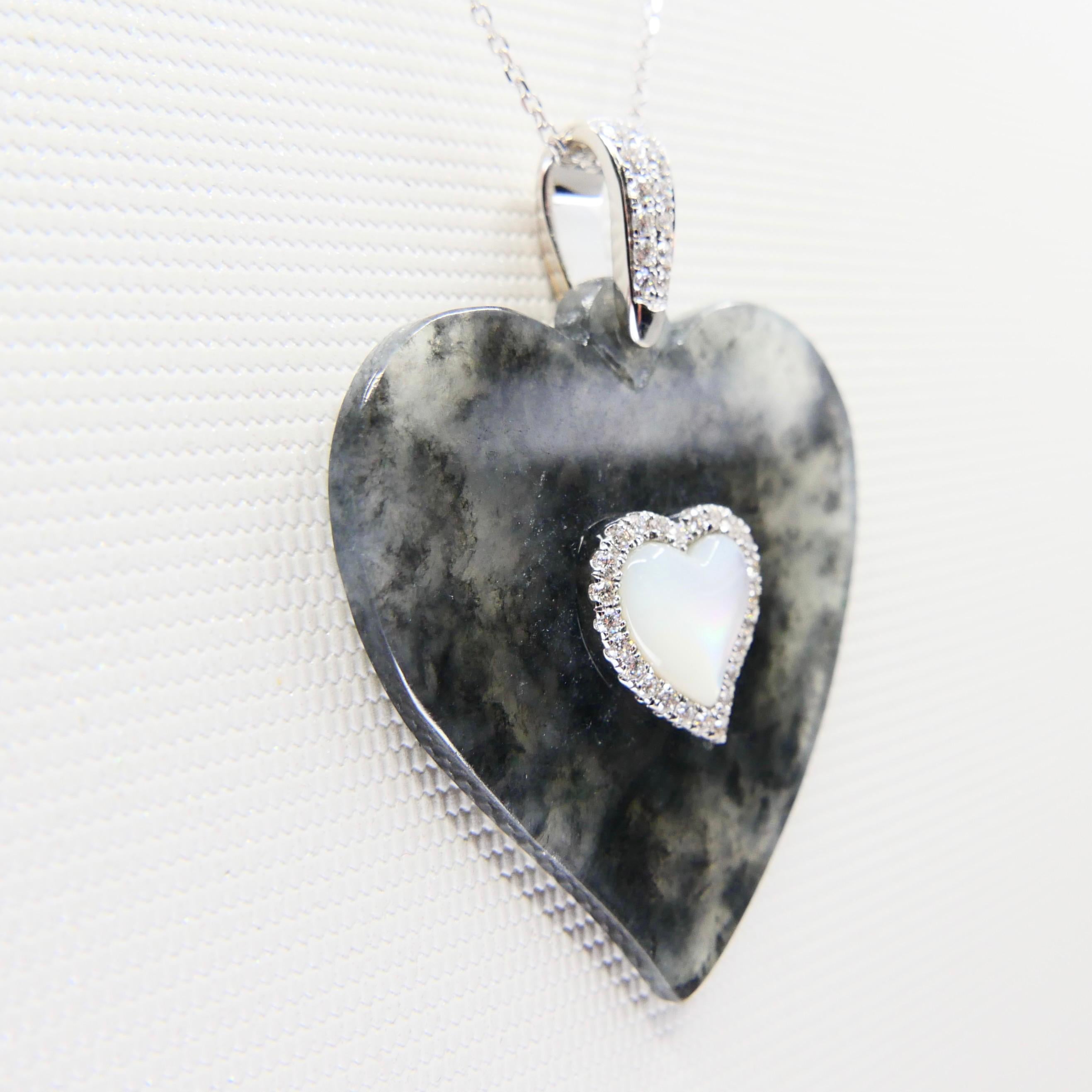 Certified Icy Black Jade, Diamond & Mother of Pearl Heart Pendant Necklace For Sale 5