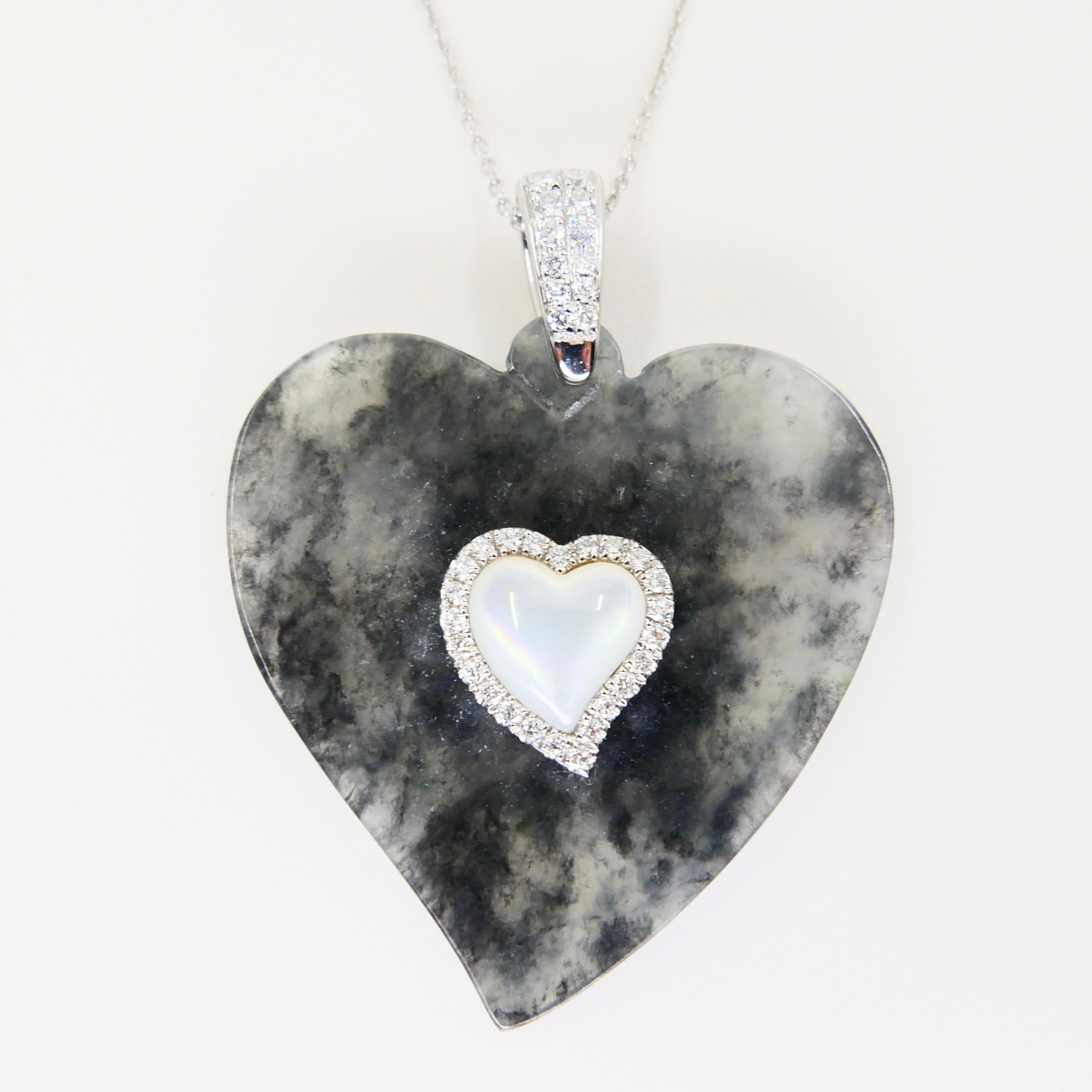 Certified Icy Black Jade, Diamond & Mother of Pearl Heart Pendant Necklace For Sale 6