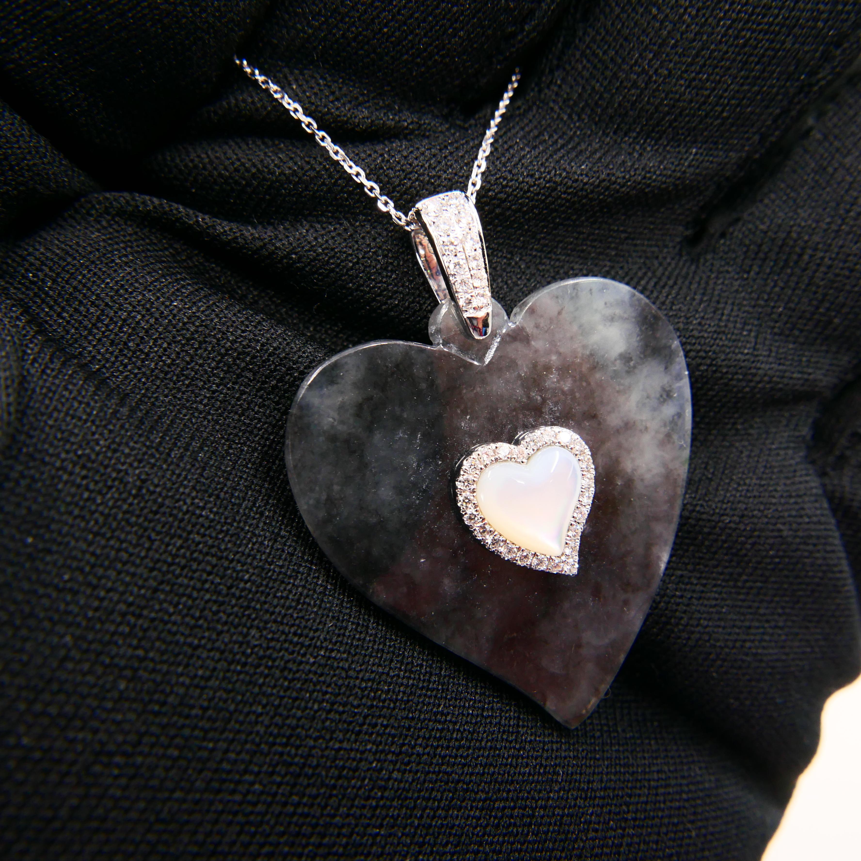 Certified Icy Black Jade, Diamond & Mother of Pearl Heart Pendant Necklace For Sale 7