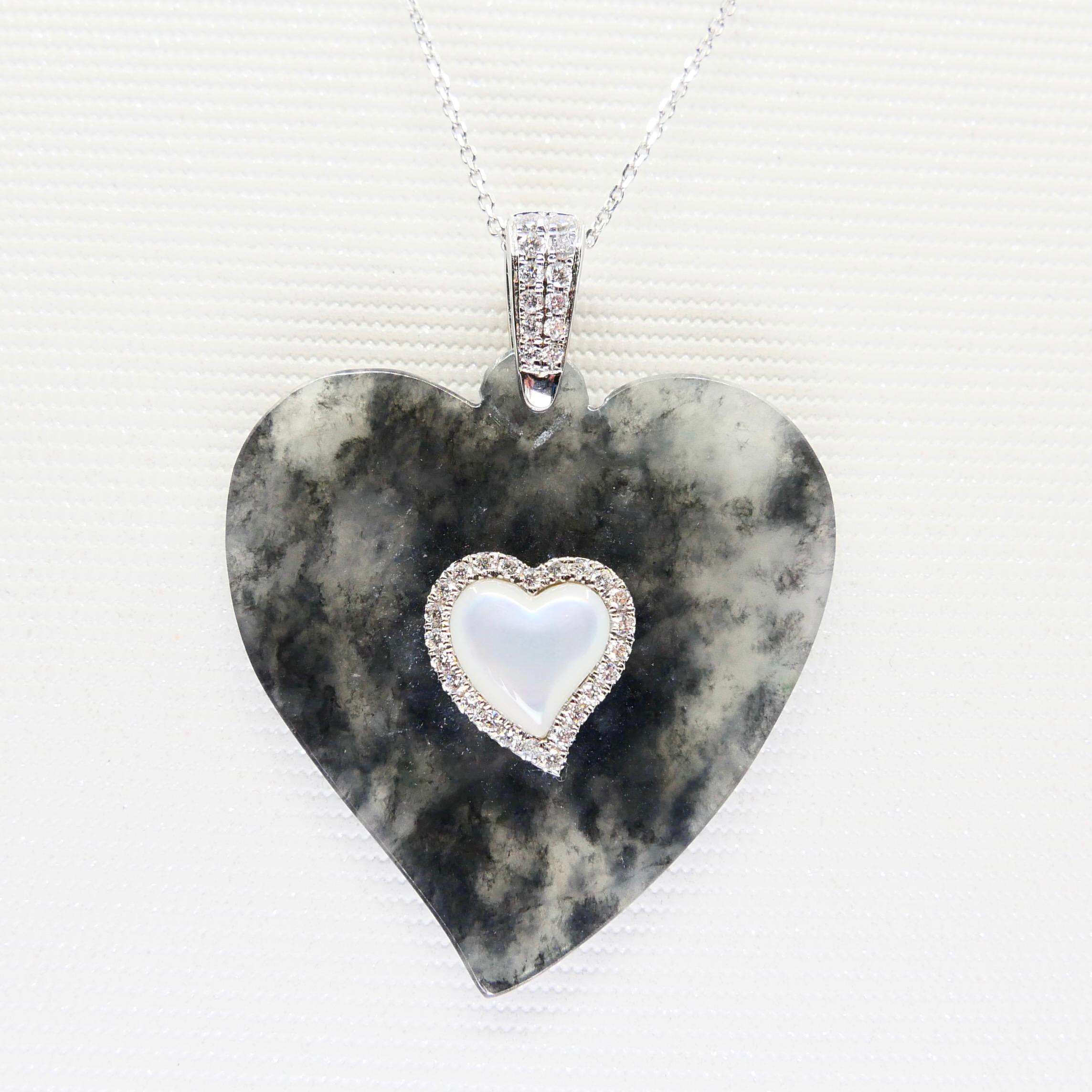 Rough Cut Certified Icy Black Jade, Diamond & Mother of Pearl Heart Pendant Necklace For Sale