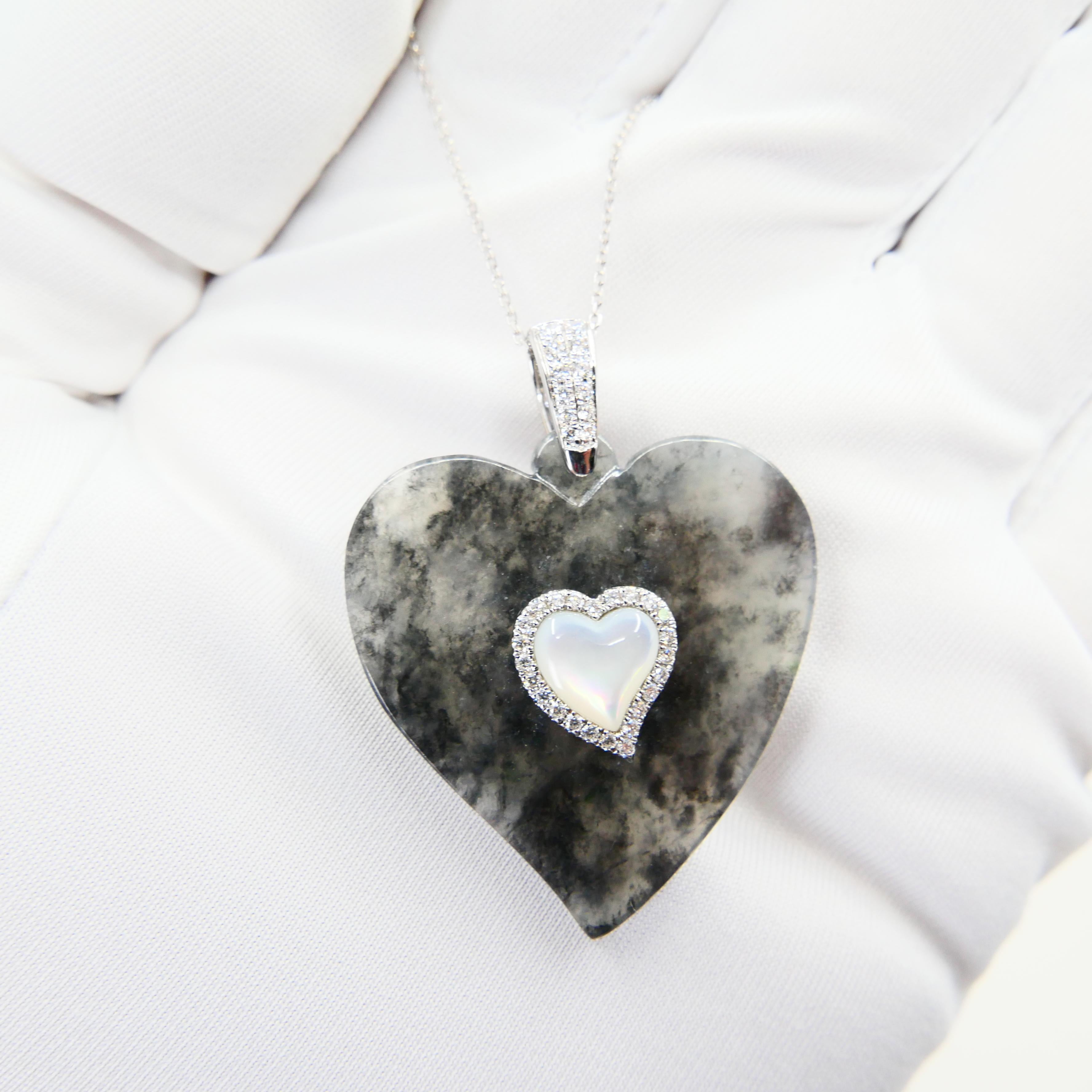 Women's Certified Icy Black Jade, Diamond & Mother of Pearl Heart Pendant Necklace For Sale