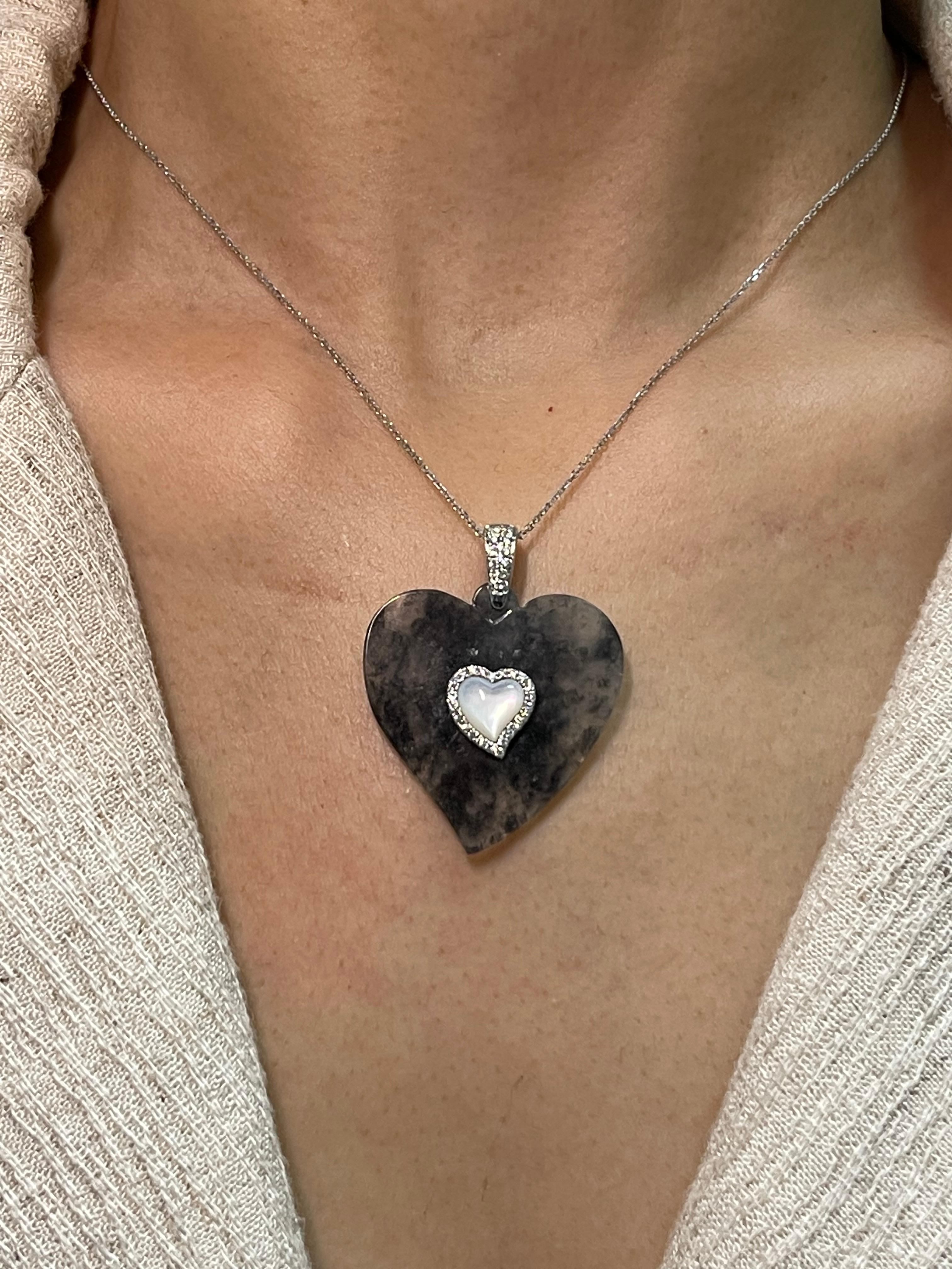 Certified Icy Black Jade, Diamond & Mother of Pearl Heart Pendant Necklace For Sale 1