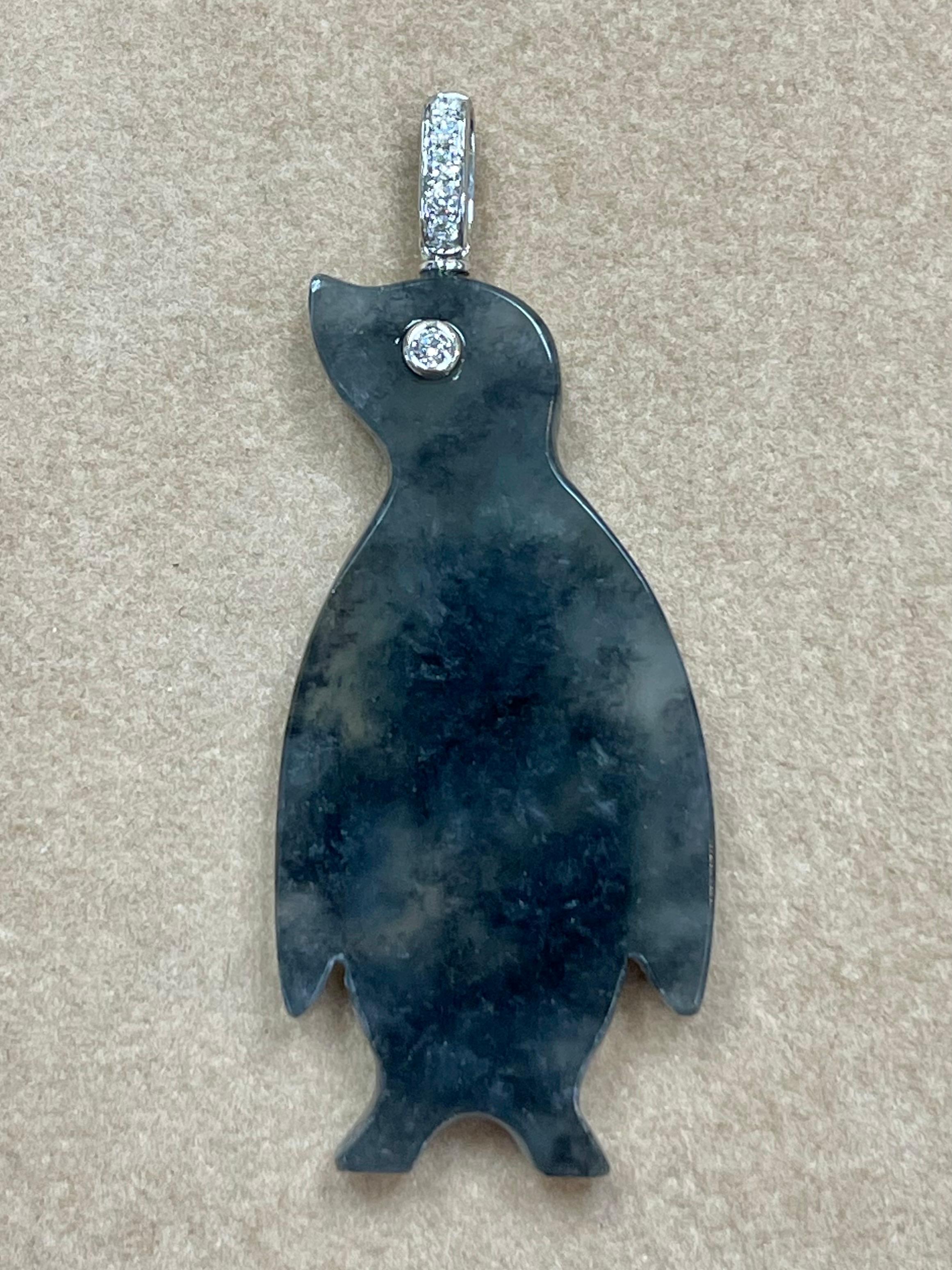 Certified Icy Black Jade & Diamond Penguin Pendant Necklace, Specialty Cut For Sale 5