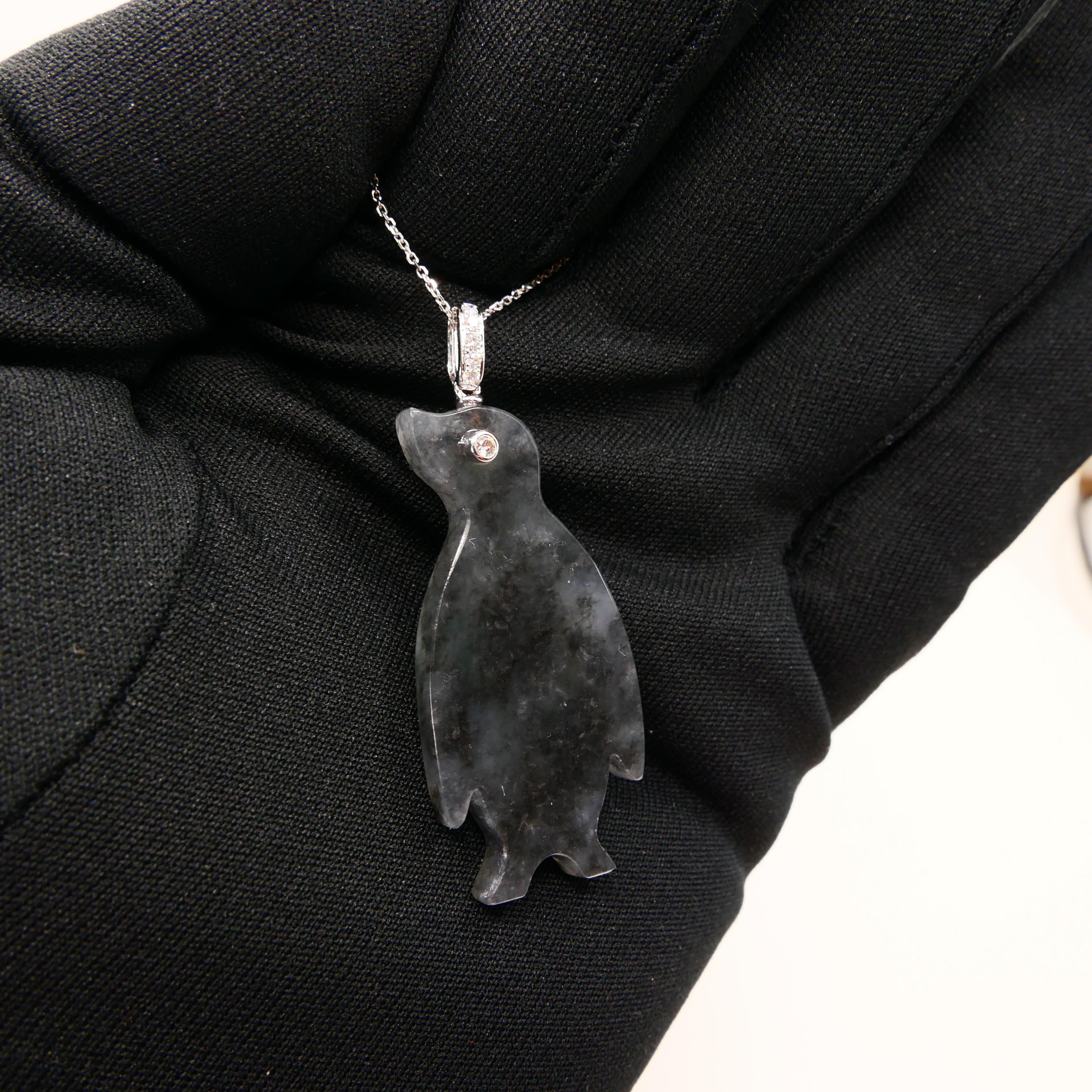 Certified Icy Black Jade & Diamond Penguin Pendant Necklace, Specialty Cut For Sale 6