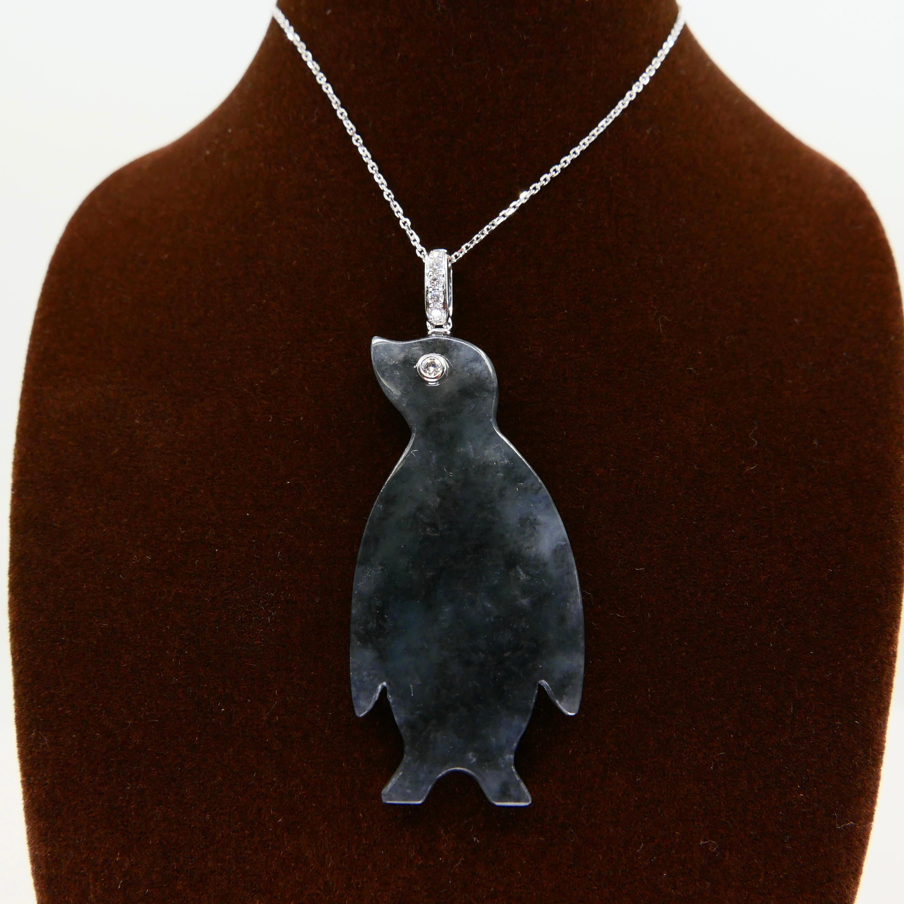 Certified Icy Black Jade & Diamond Penguin Pendant Necklace, Specialty Cut For Sale 7