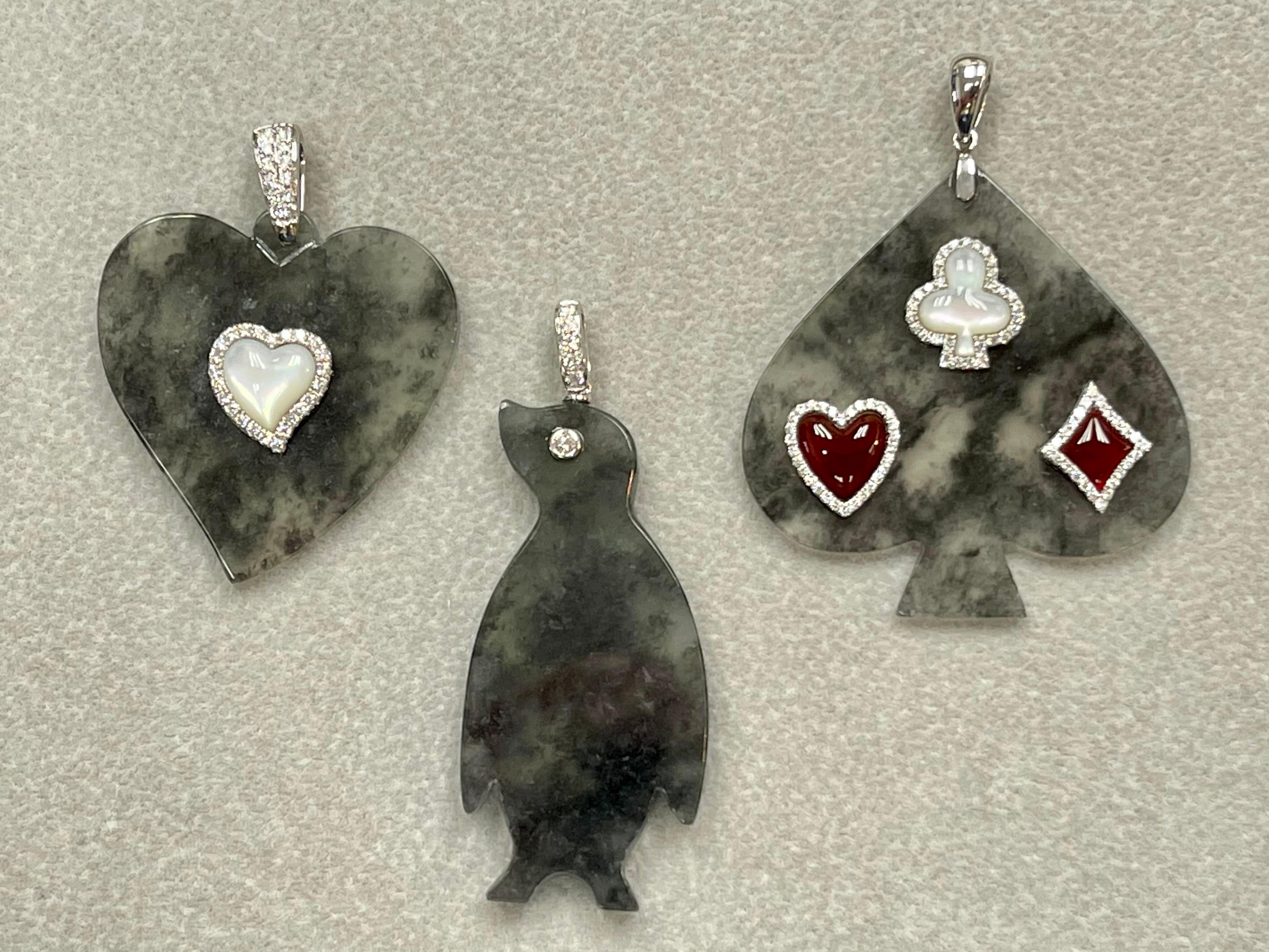 Certified Icy Black Jade & Diamond Penguin Pendant Necklace, Specialty Cut 8