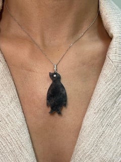 Certified Icy Black Jade & Diamond Penguin Pendant Necklace, Specialty Cut
