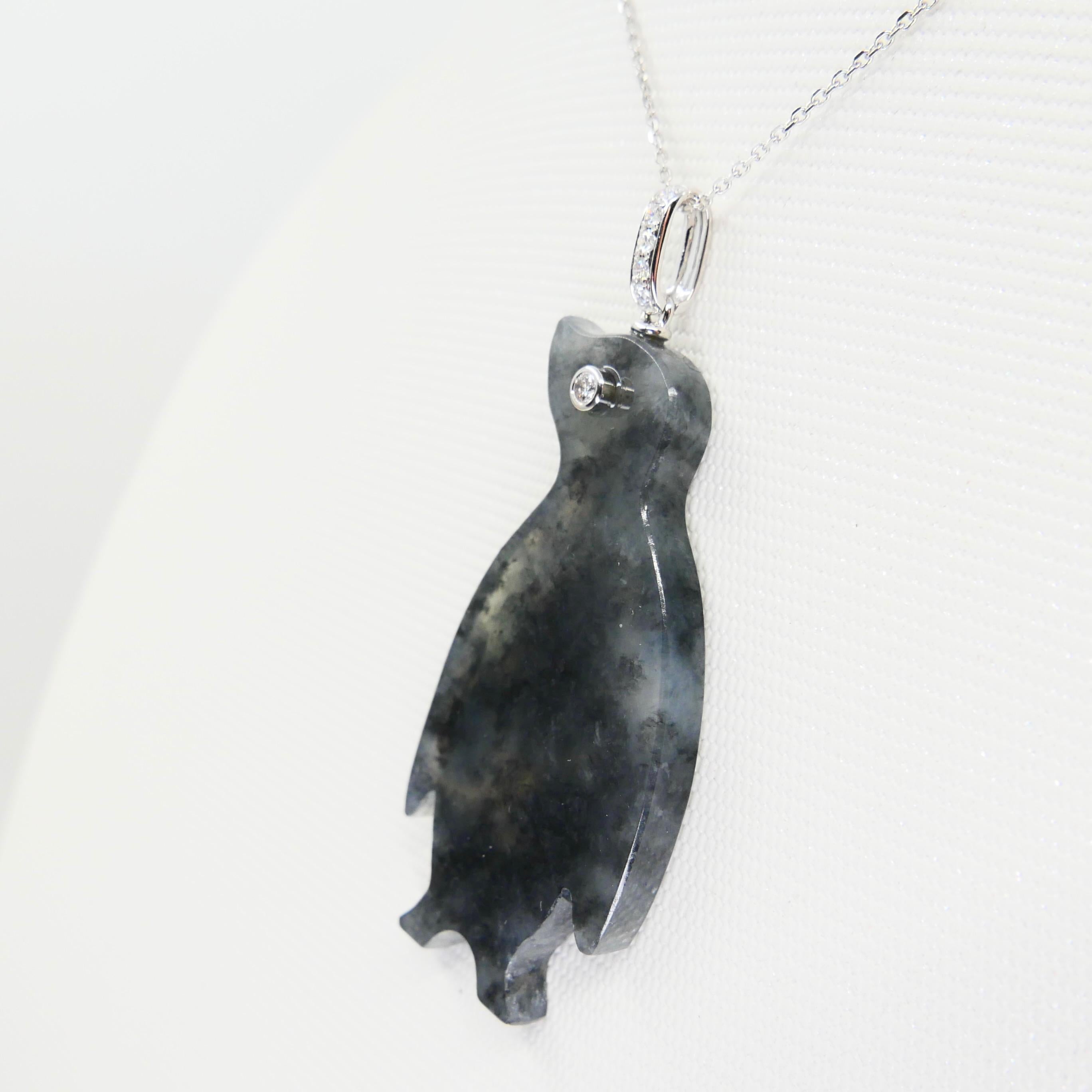 Rough Cut Certified Icy Black Jade & Diamond Penguin Pendant Necklace, Specialty Cut