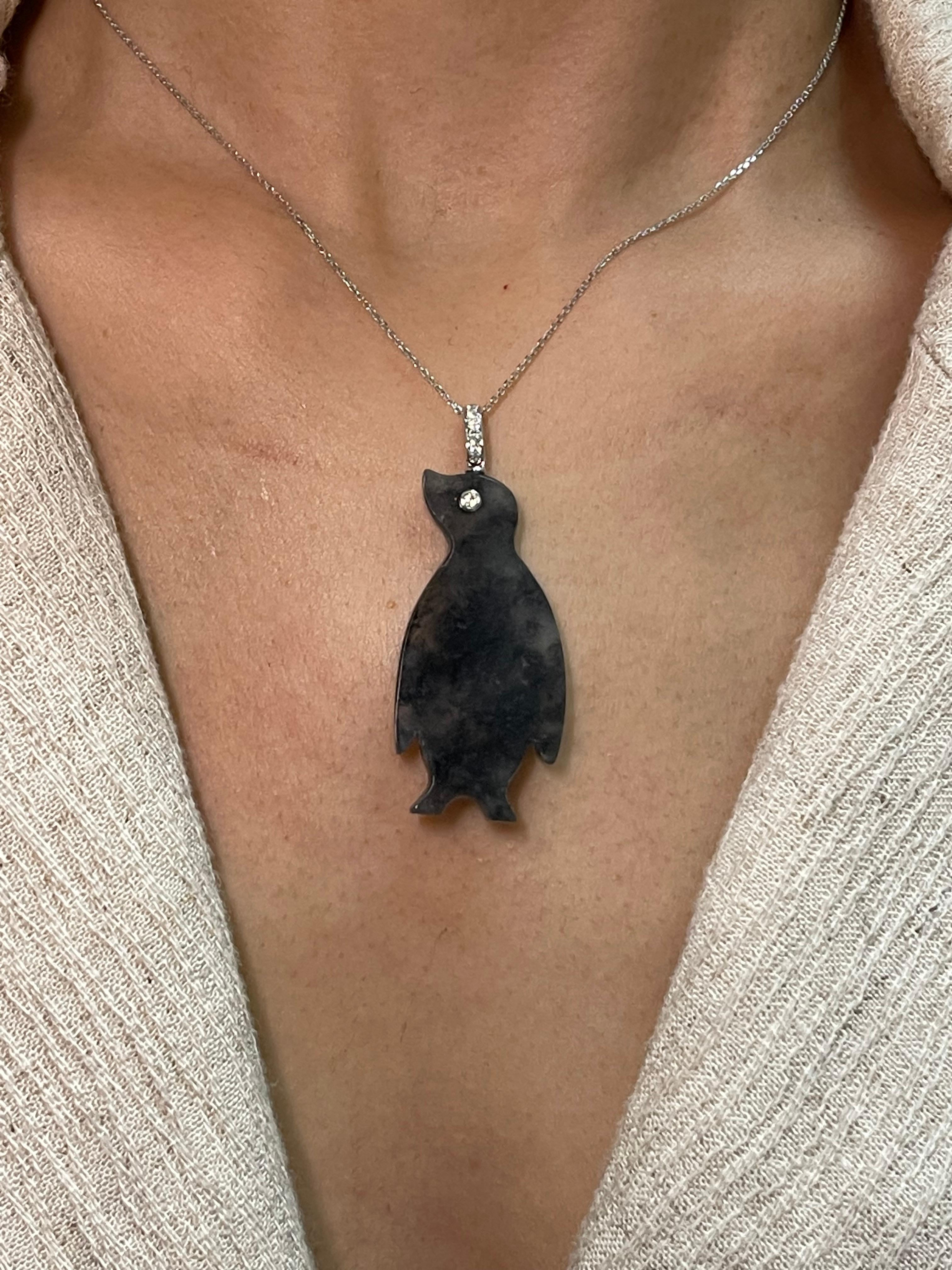Certified Icy Black Jade & Diamond Penguin Pendant Necklace, Specialty Cut In New Condition In Hong Kong, HK