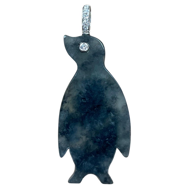 Certified Icy Black Jade and Diamond Penguin Pendant Necklace