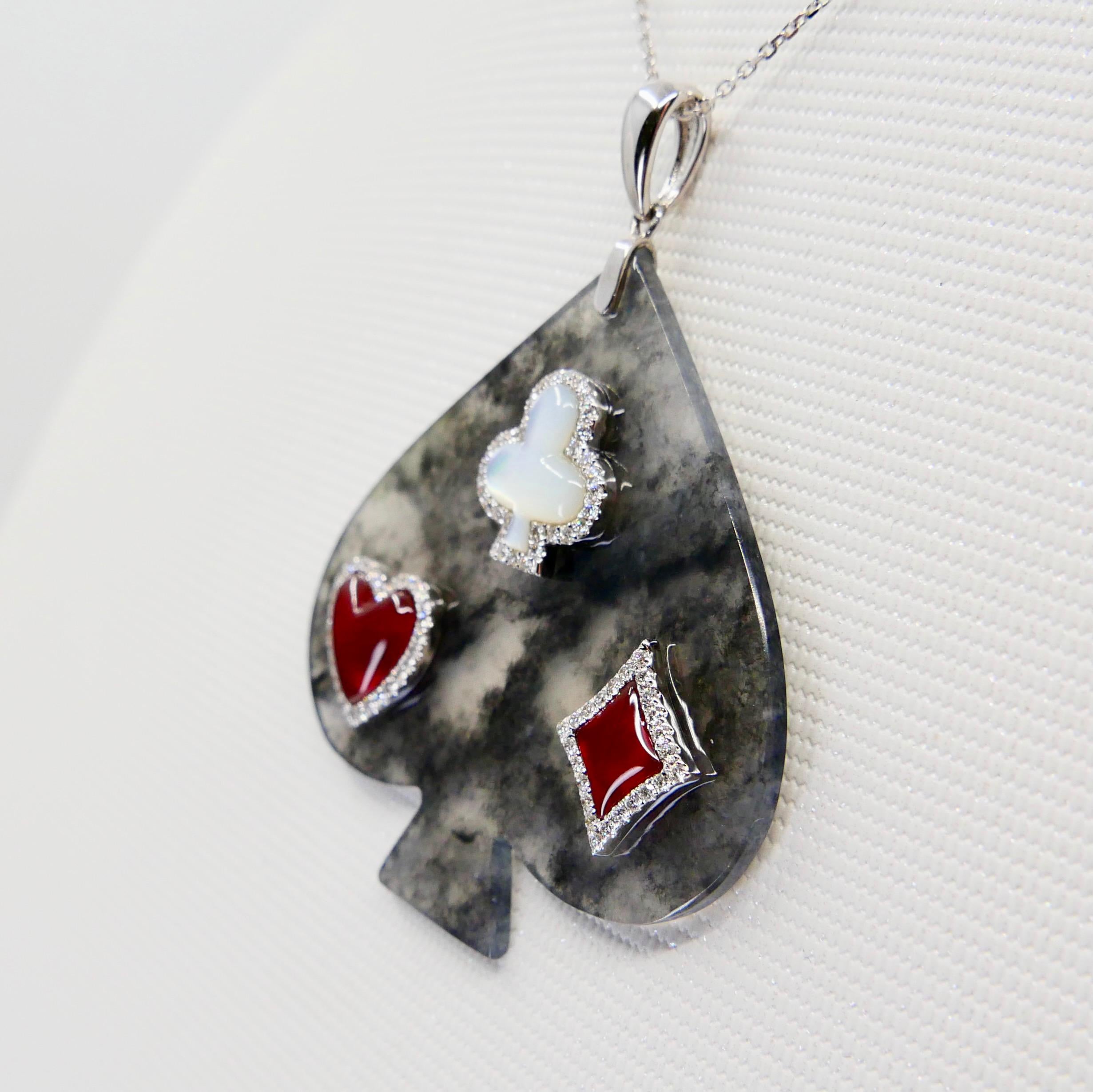 Certified Icy Black Jade, Diamond, Red Agate & MOP Pendant Necklace, Card Suits For Sale 5