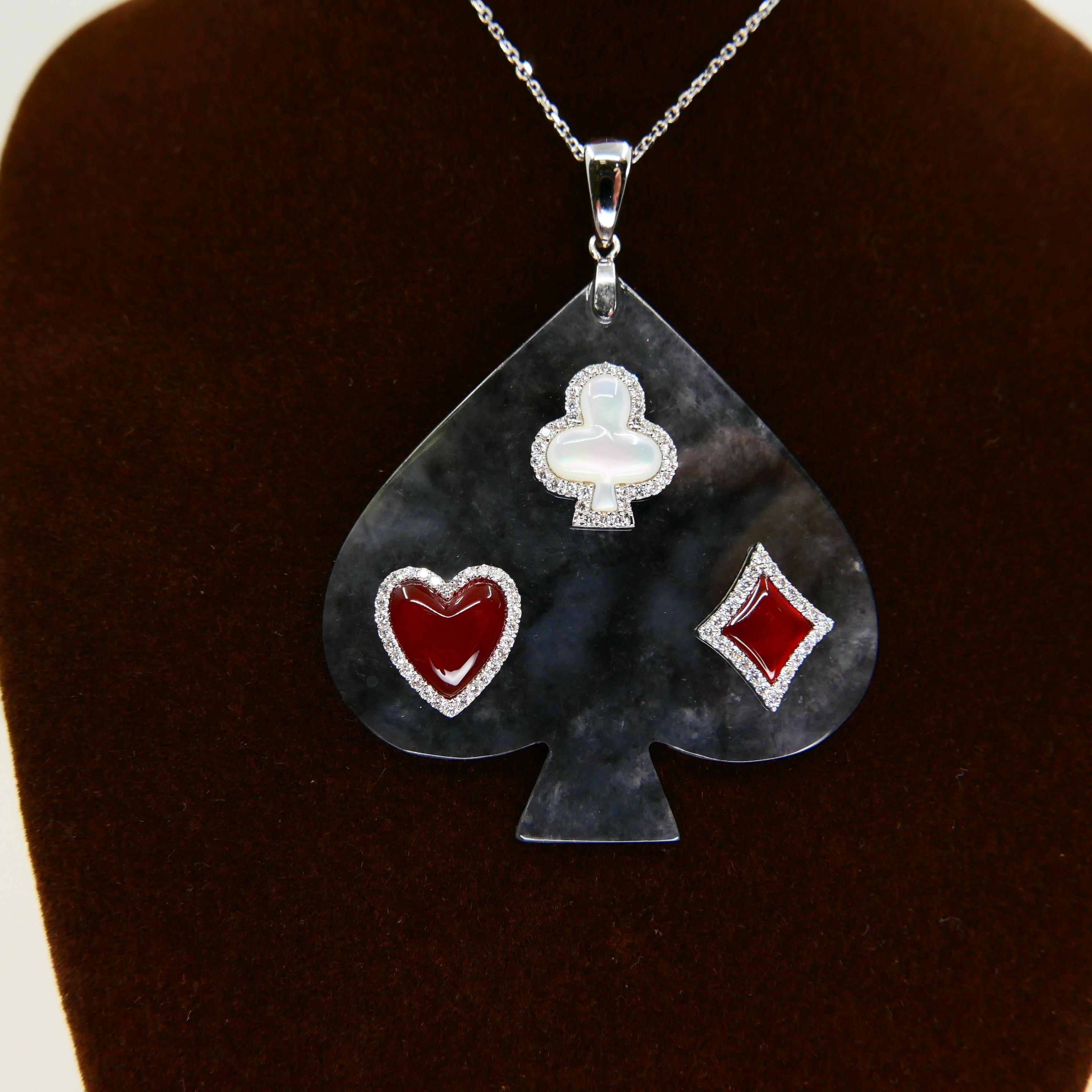 Rough Cut Certified Icy Black Jade, Diamond, Red Agate & MOP Pendant Necklace, Card Suits For Sale