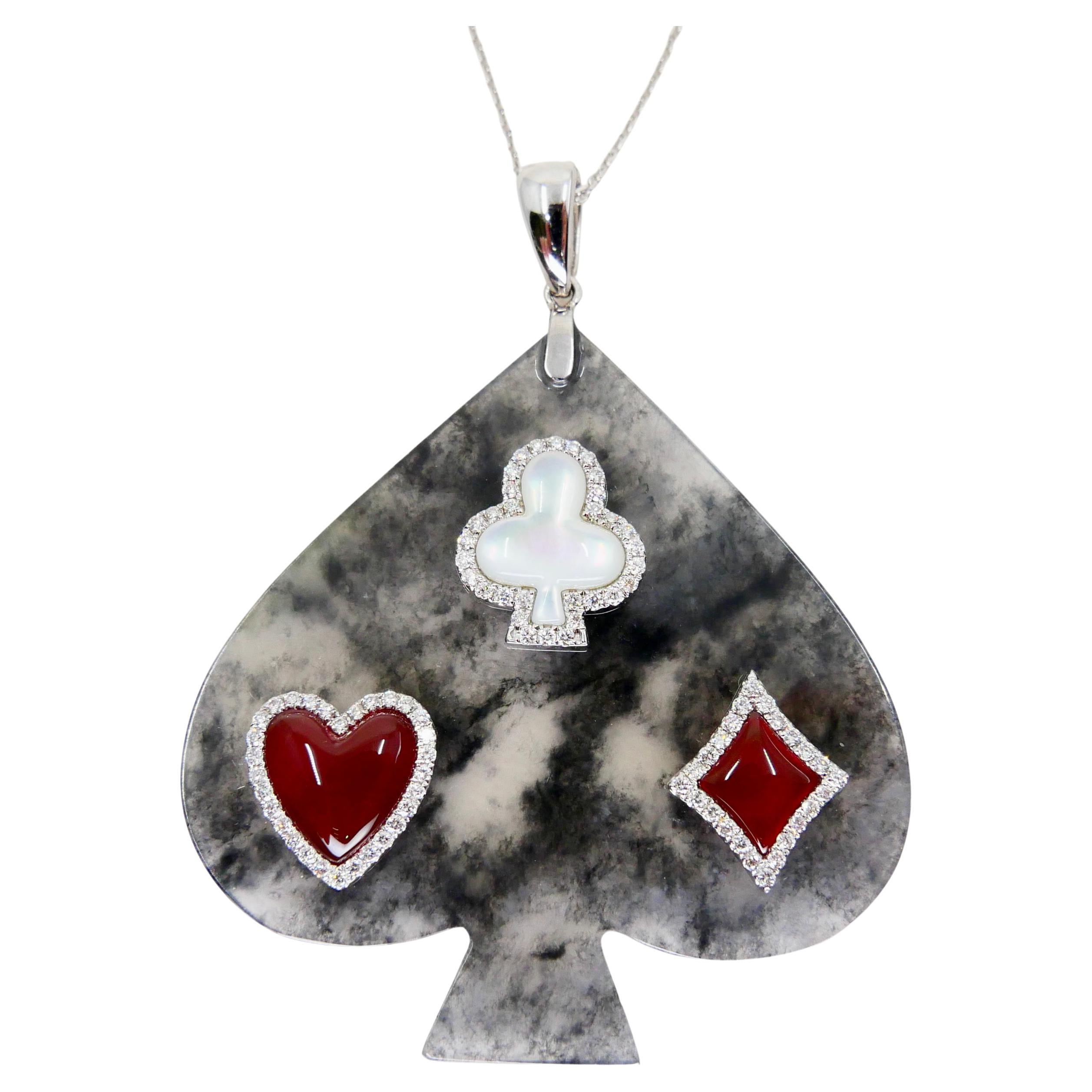 Certified Icy Black Jade, Diamond, Red Agate & MOP Pendant Necklace, Card Suits For Sale