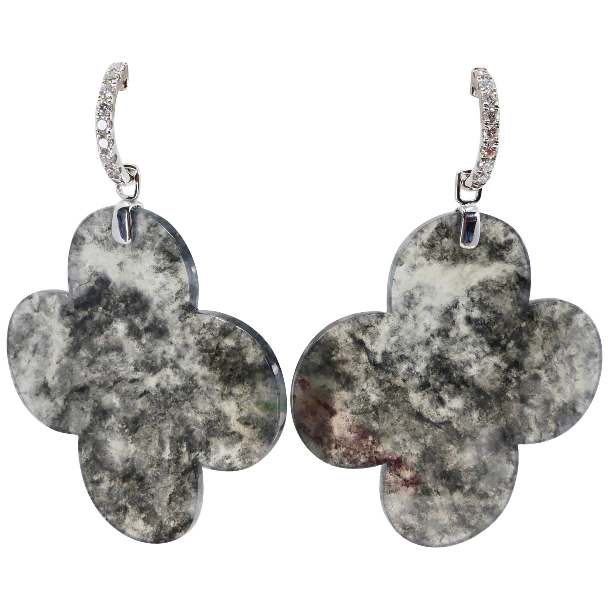 Certified Icy Black Jadeite Jade and Diamond Earrings Statement Extra Large Size For Sale