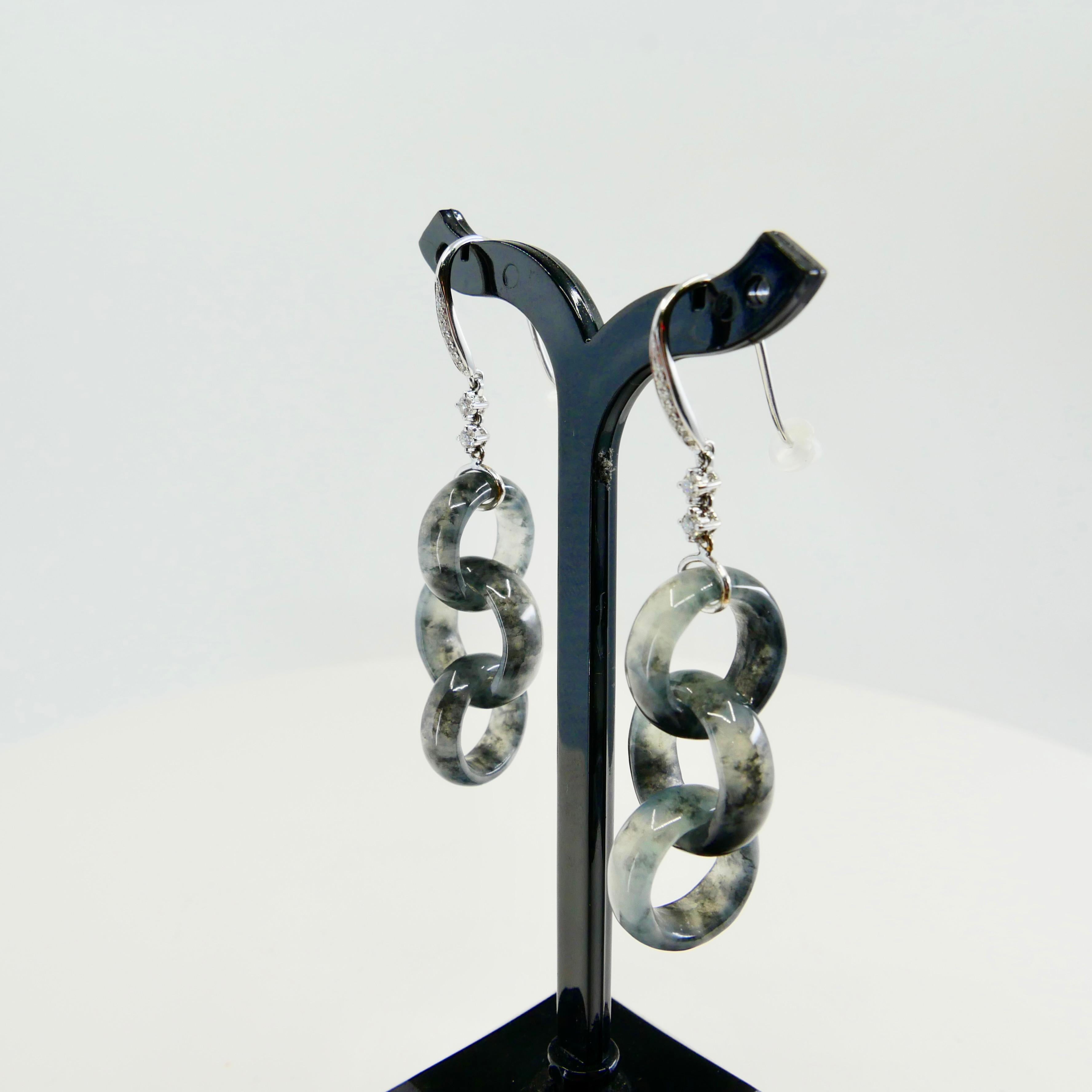 Certified Icy Black Jadeite Jade & Diamond Earrings, Solid Interlocking Links 4