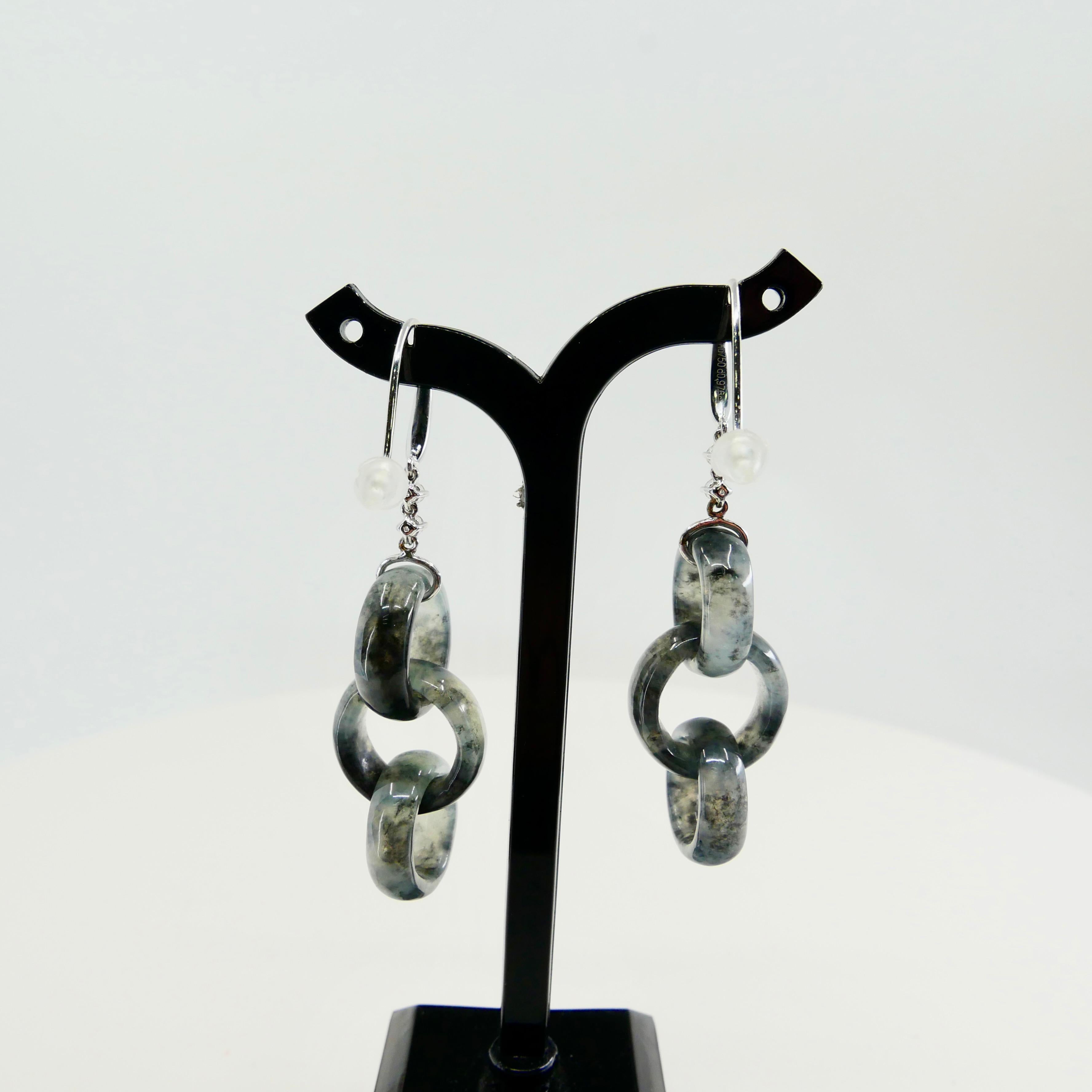 Boucles d'oreilles certifiées Icy Black Jadeite Jade & Diamond, maillons solides imbriqués en vente 6