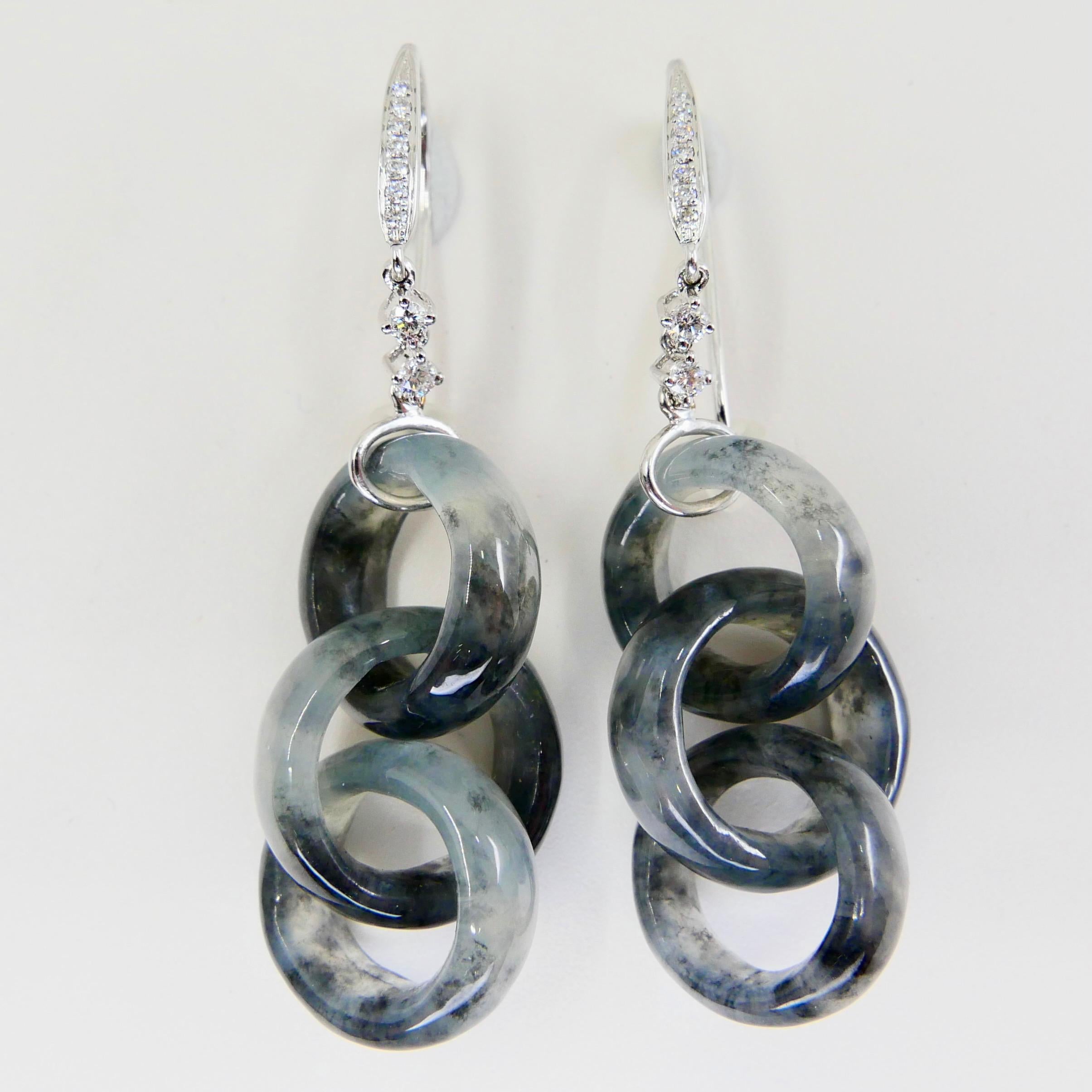 Certified Icy Black Jadeite Jade & Diamond Earrings, Solid Interlocking Links 6