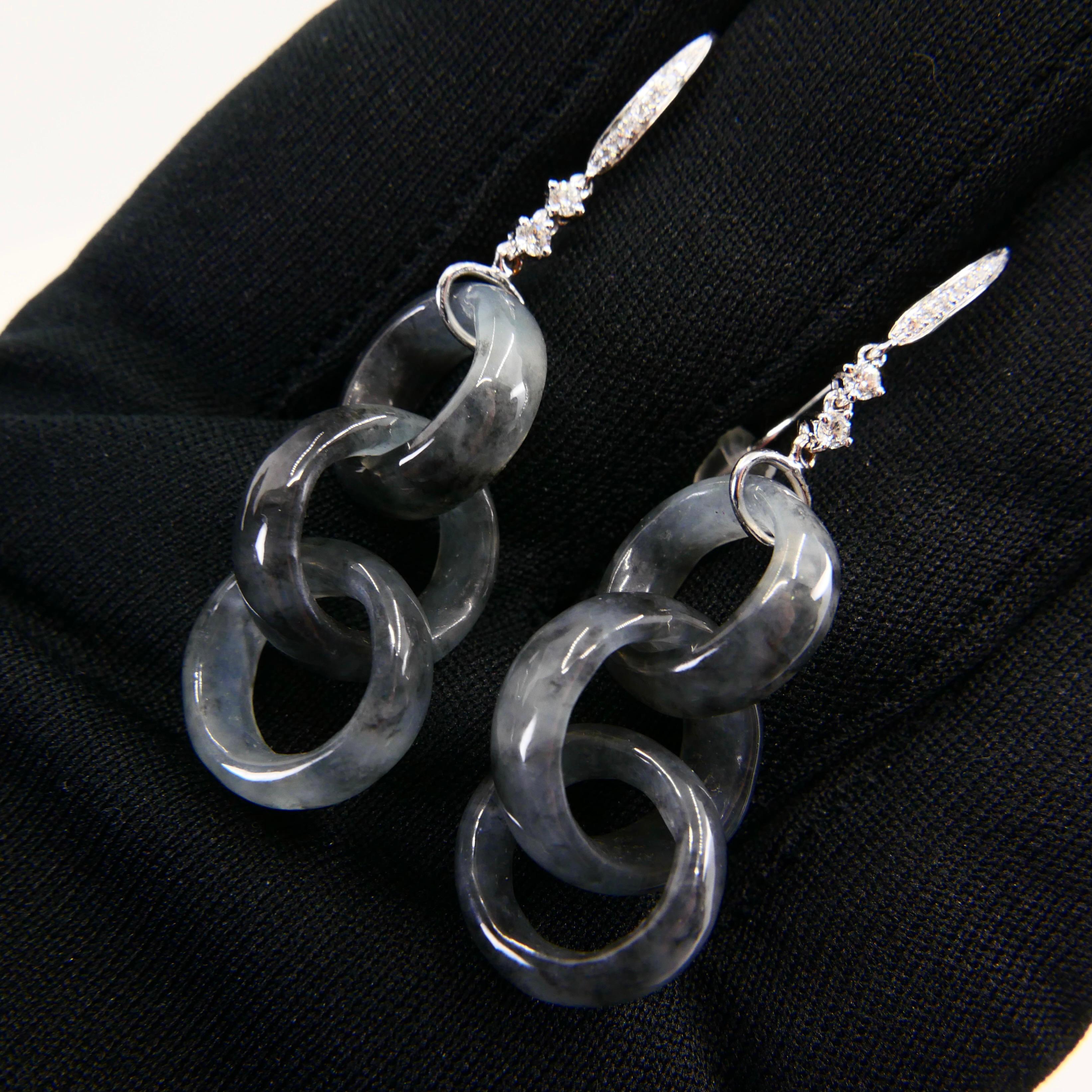Rough Cut Certified Icy Black Jadeite Jade & Diamond Earrings, Solid Interlocking Links