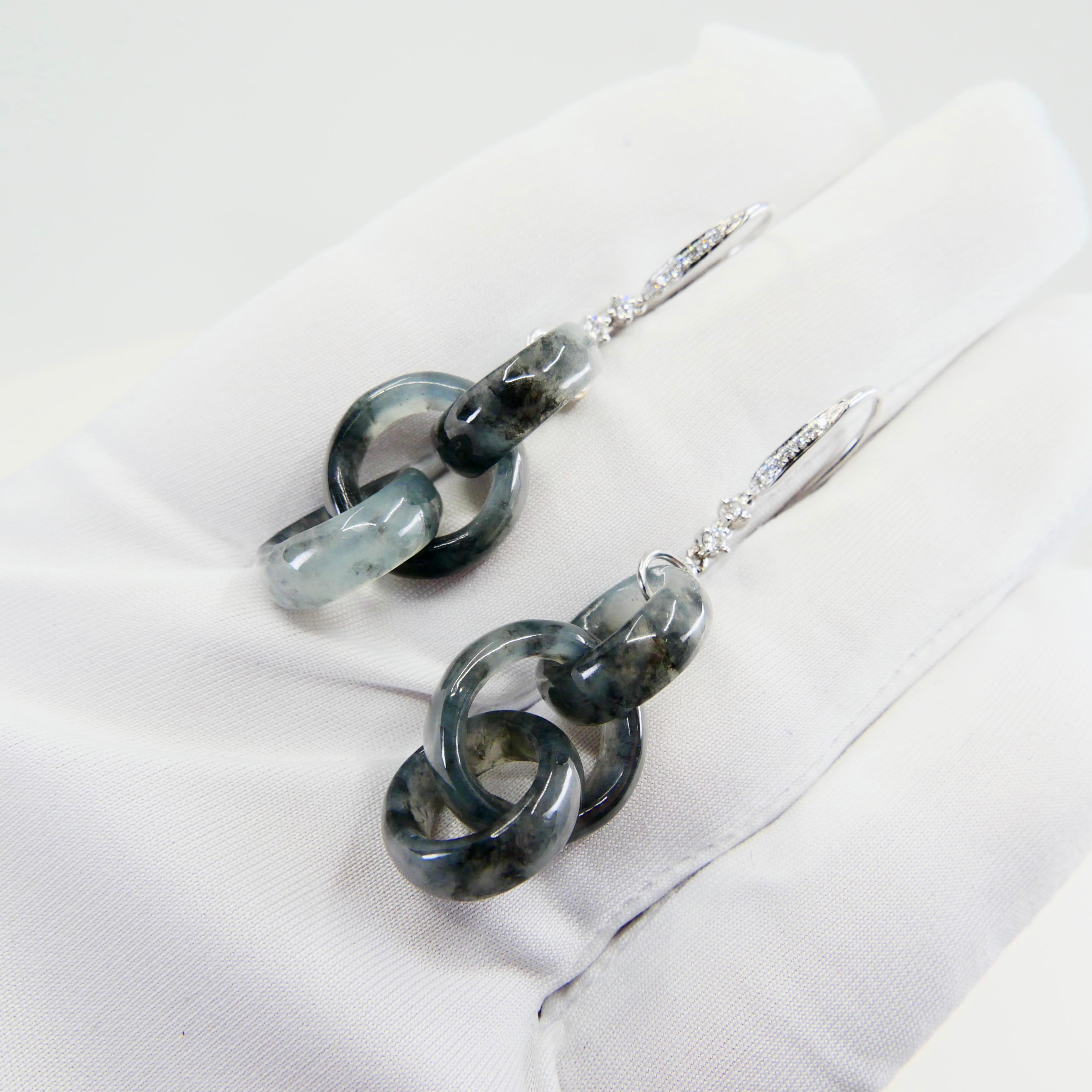 Certified Icy Black Jadeite Jade & Diamond Earrings, Solid Interlocking Links 1
