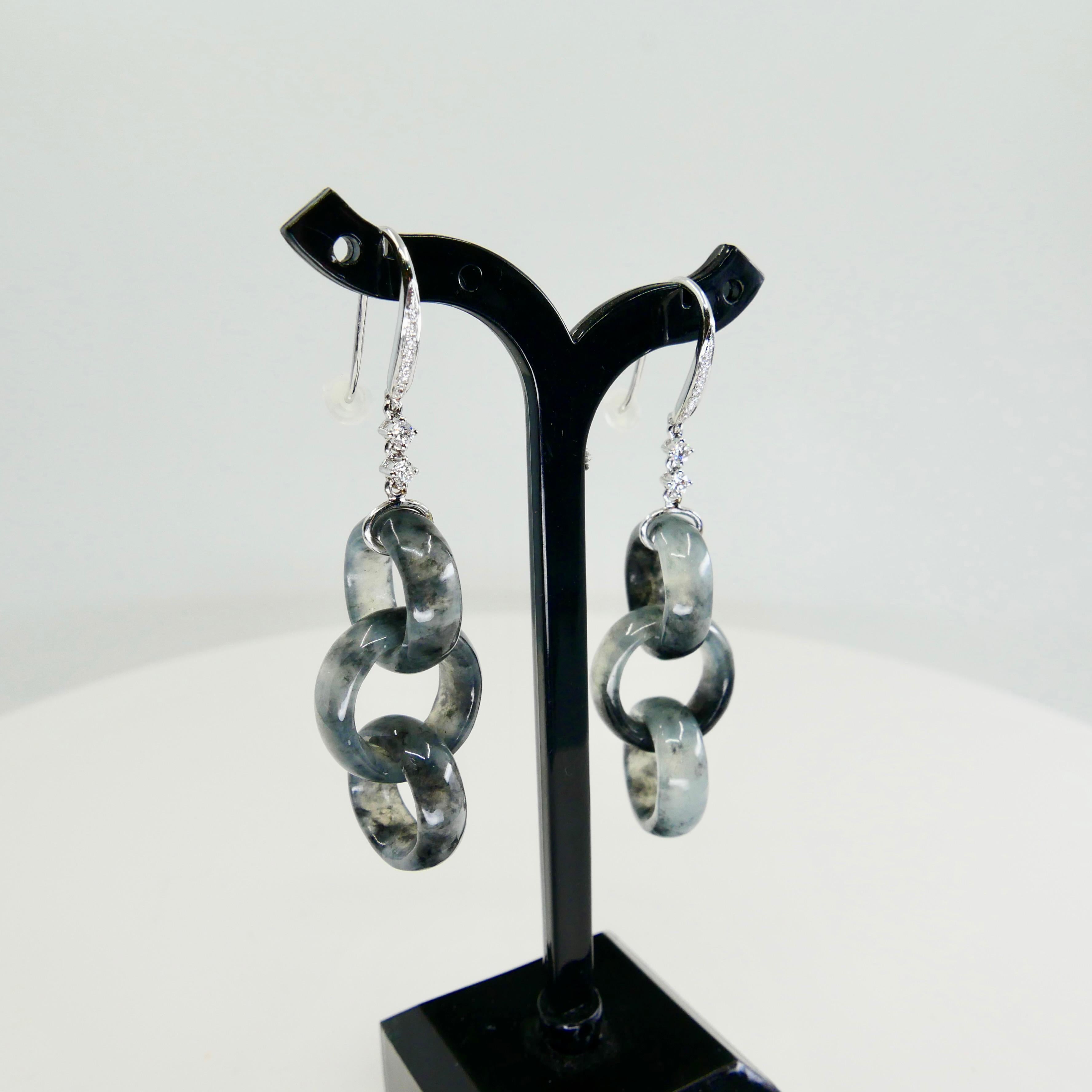 Certified Icy Black Jadeite Jade & Diamond Earrings, Solid Interlocking Links 2