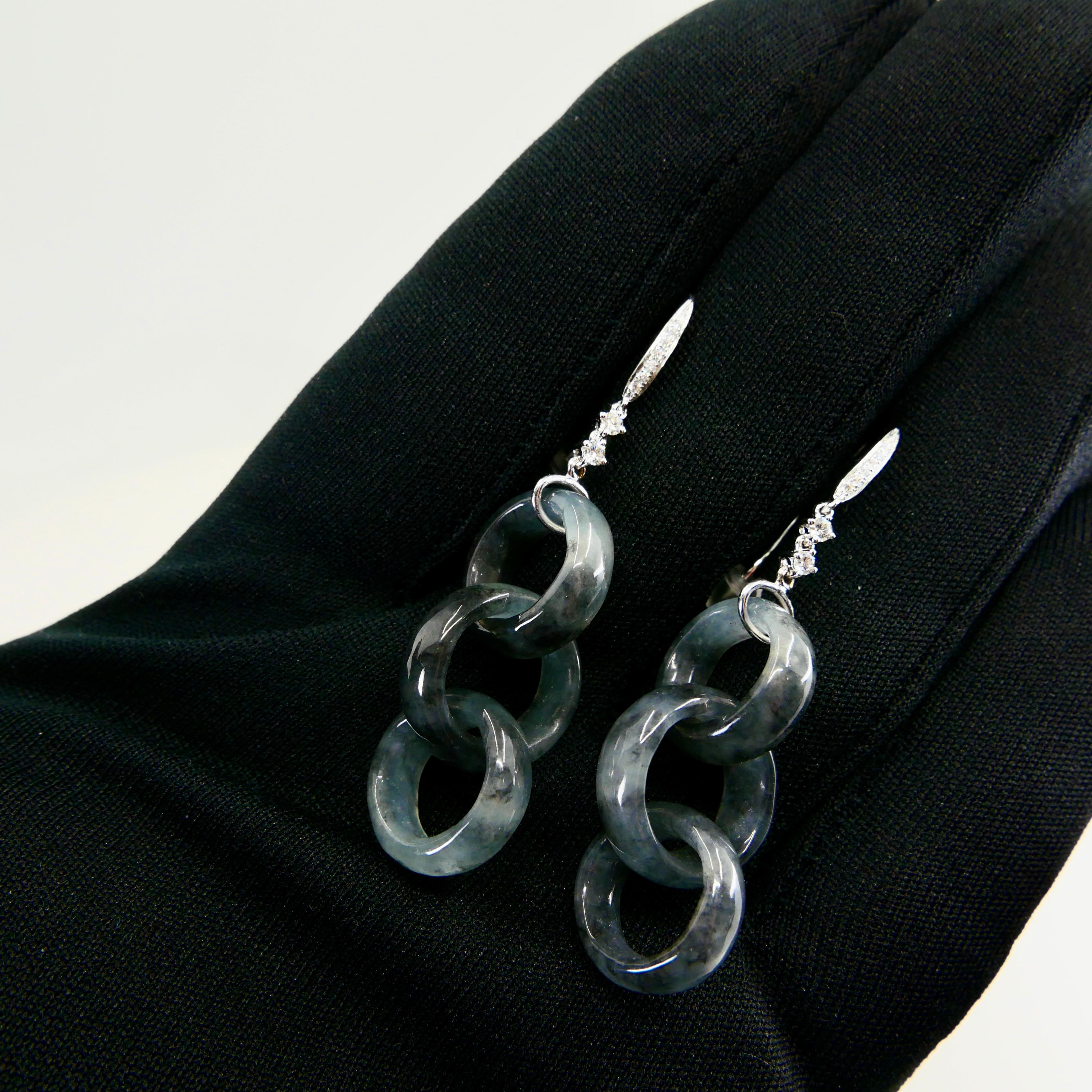 Boucles d'oreilles certifiées Icy Black Jadeite Jade & Diamond, maillons solides imbriqués en vente 4