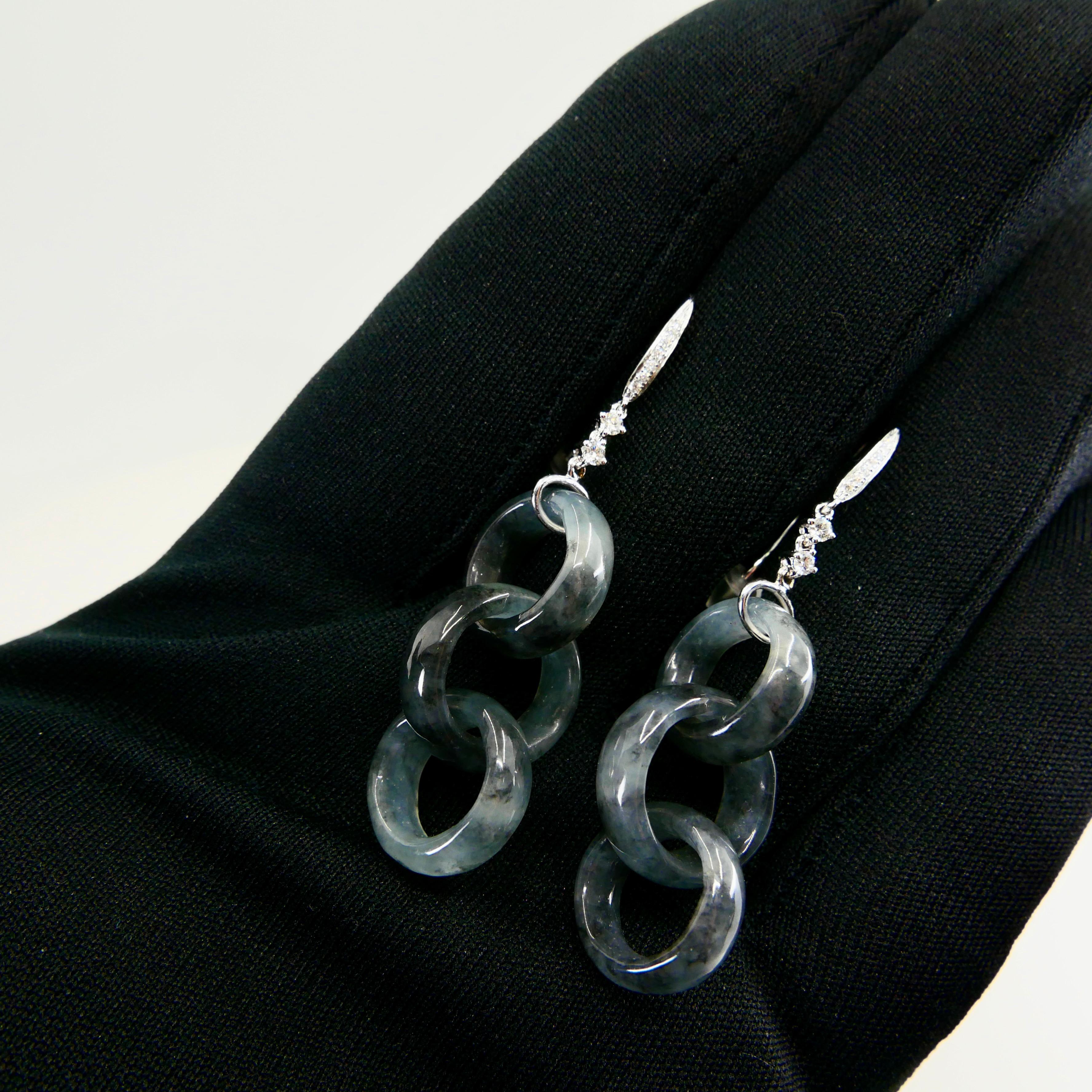 Certified Icy Black Jadeite Jade & Diamond Earrings, Solid Interlocking Links 3