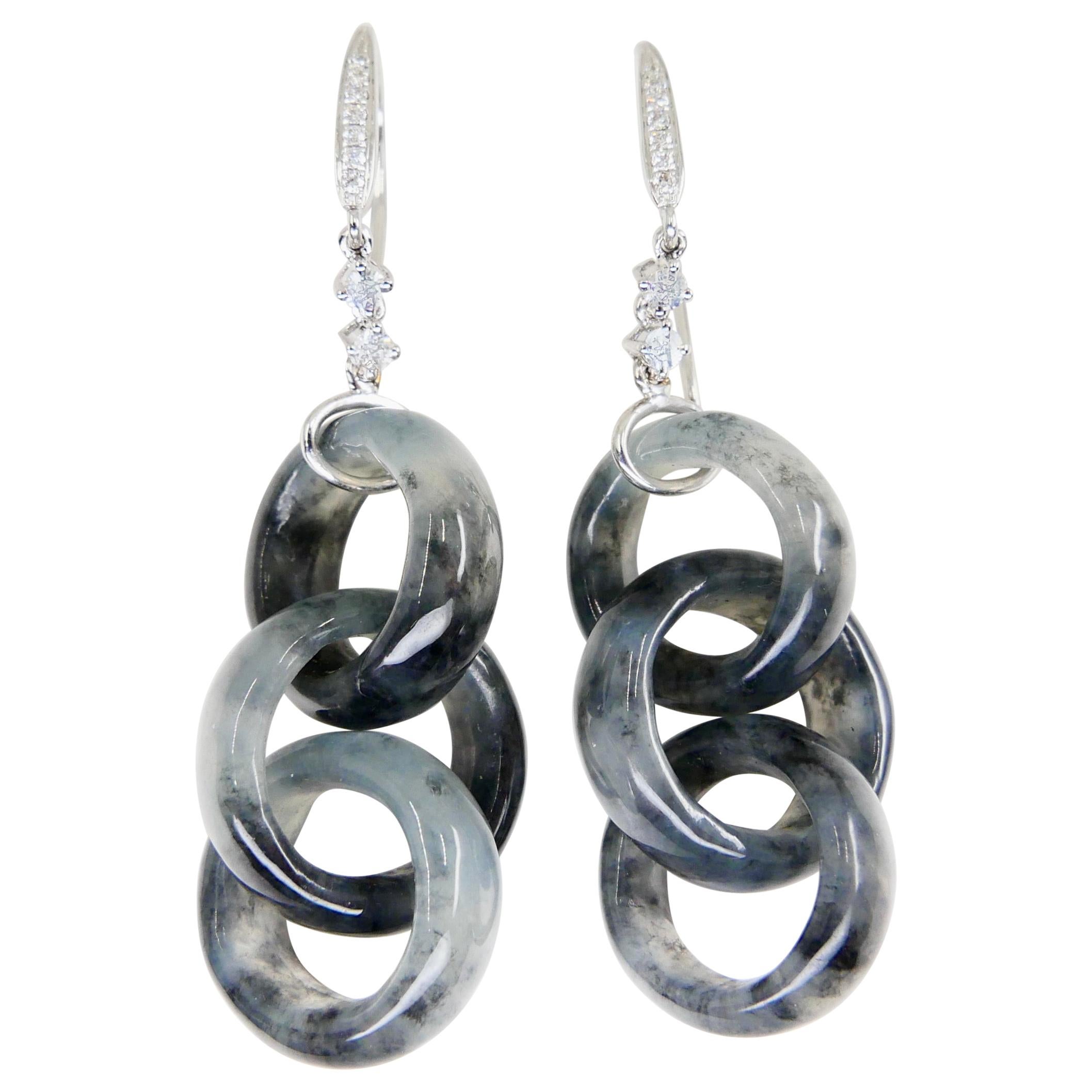 Certified Icy Black Jadeite Jade & Diamond Earrings, Solid Interlocking Links