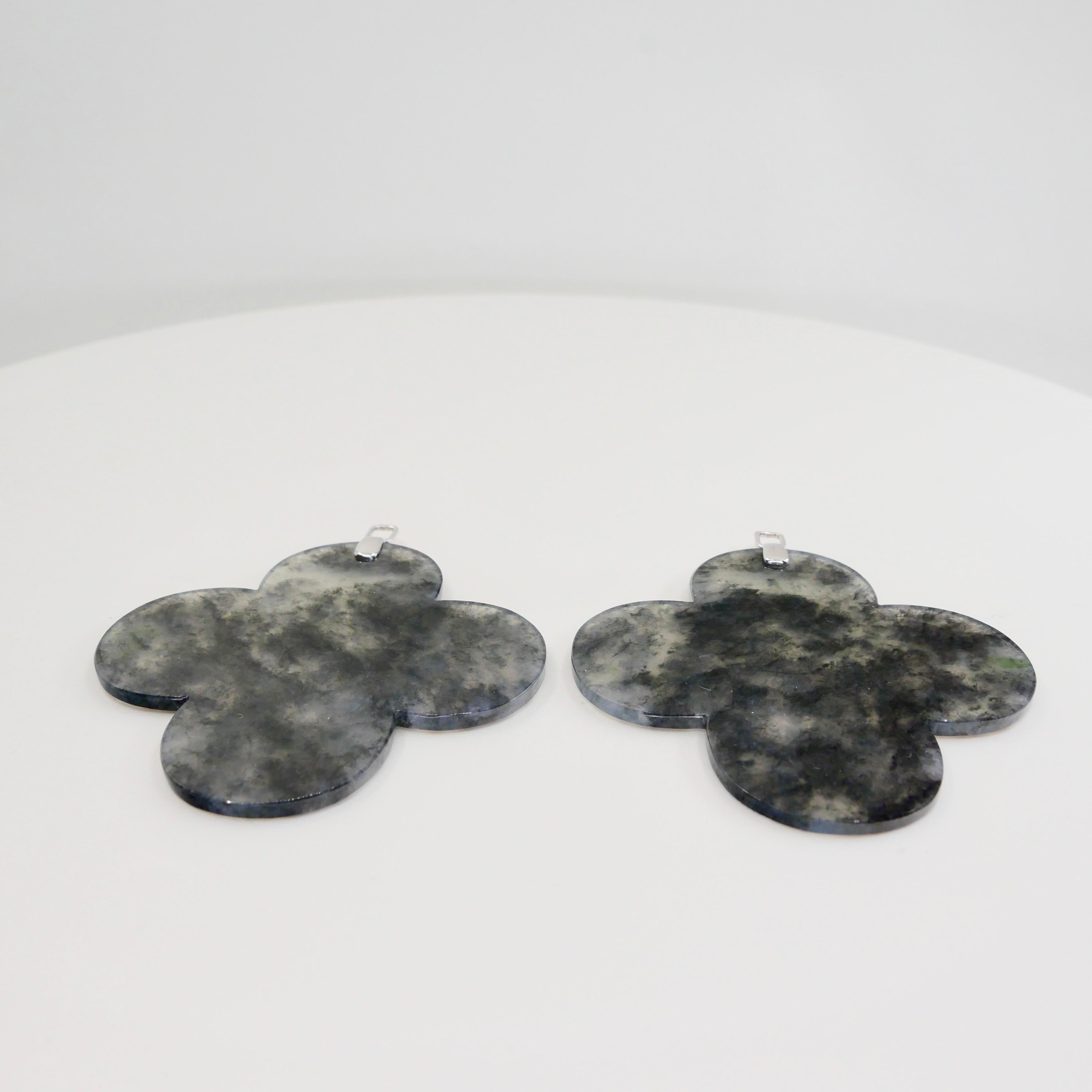 Certified Icy Black Jadeite Jade and Diamond Earrings Statement Extra Large Size For Sale 5