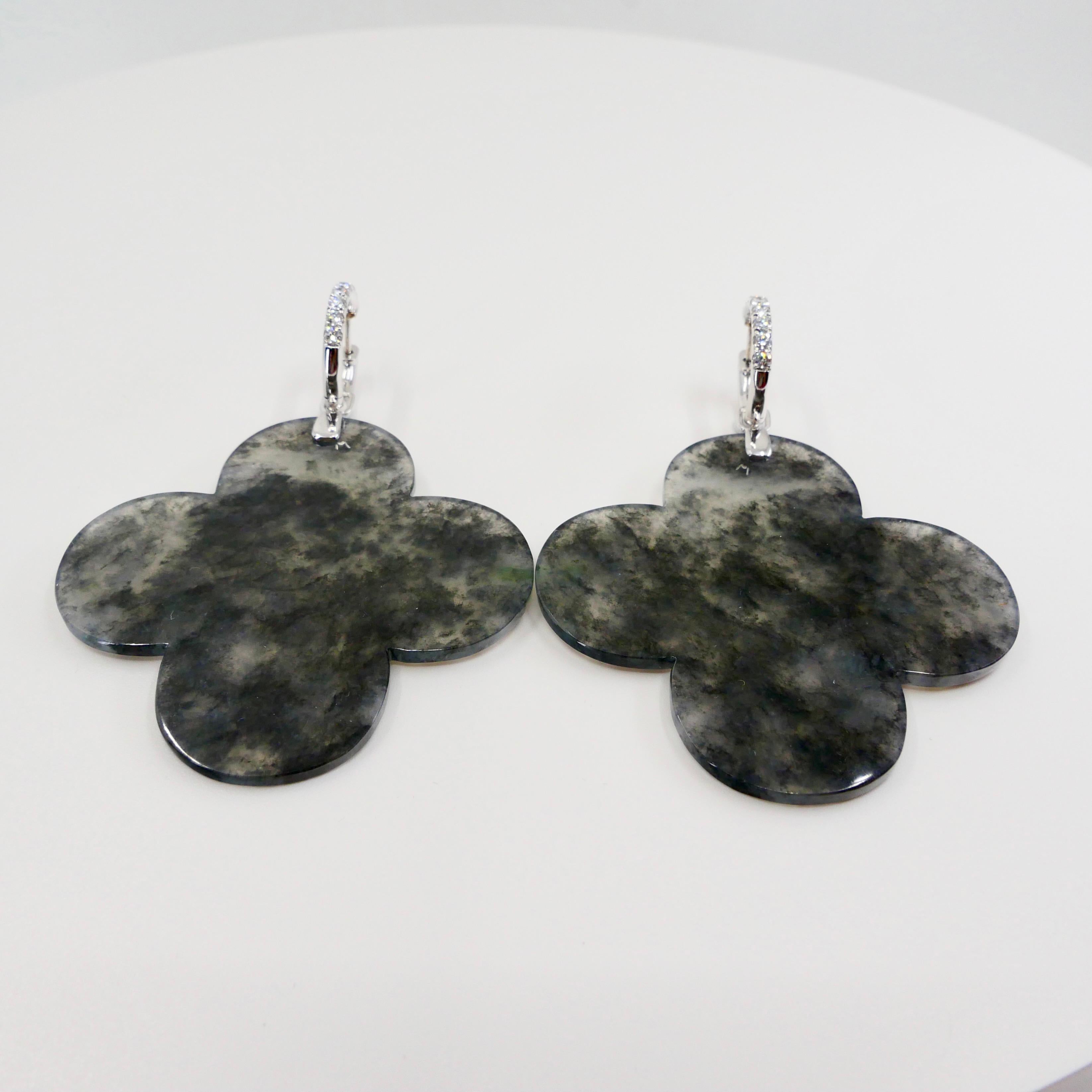 Women's Certified Icy Black Jadeite Jade and Diamond Earrings Statement Extra Large Size For Sale