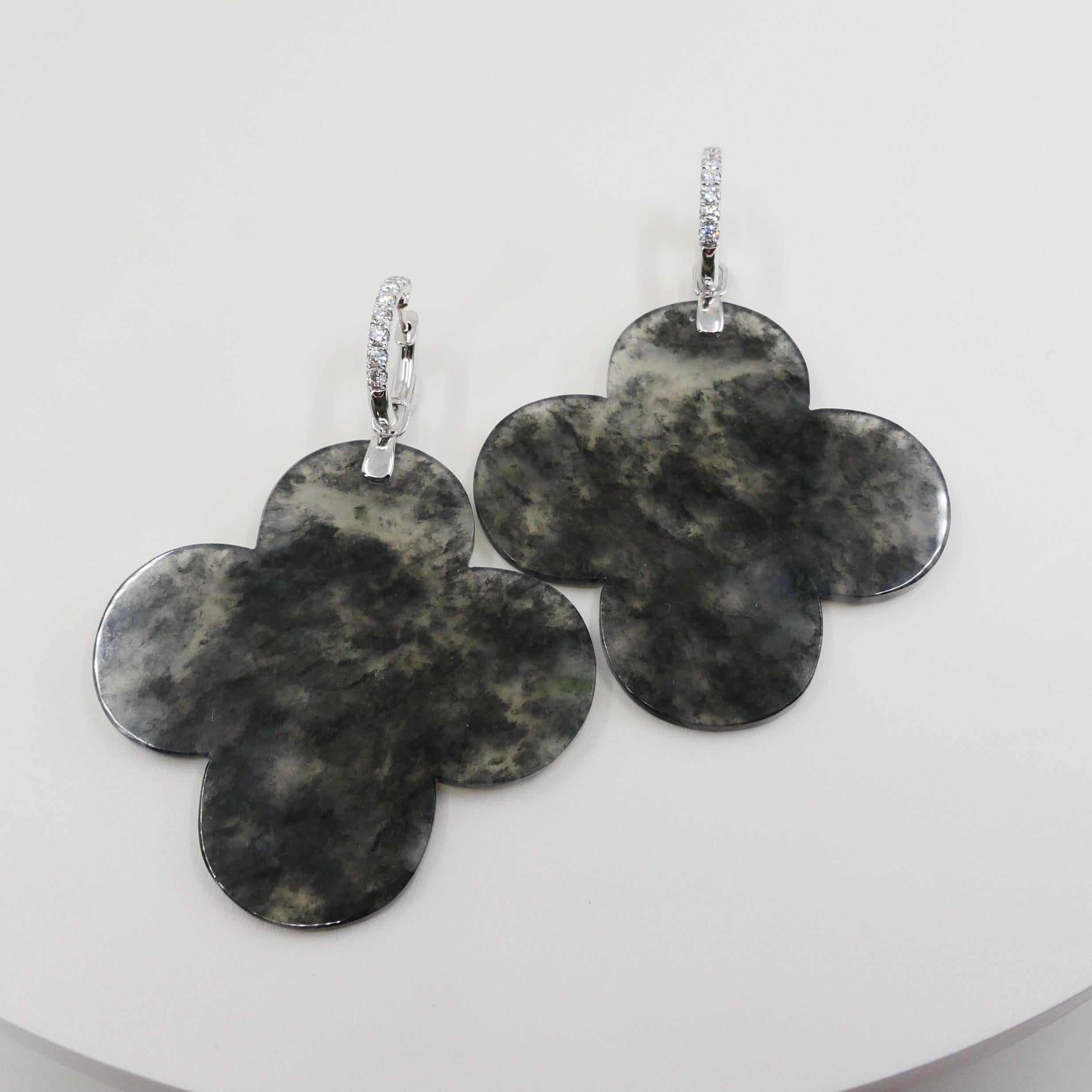 Certified Icy Black Jadeite Jade and Diamond Earrings Statement Extra Large Size For Sale 1