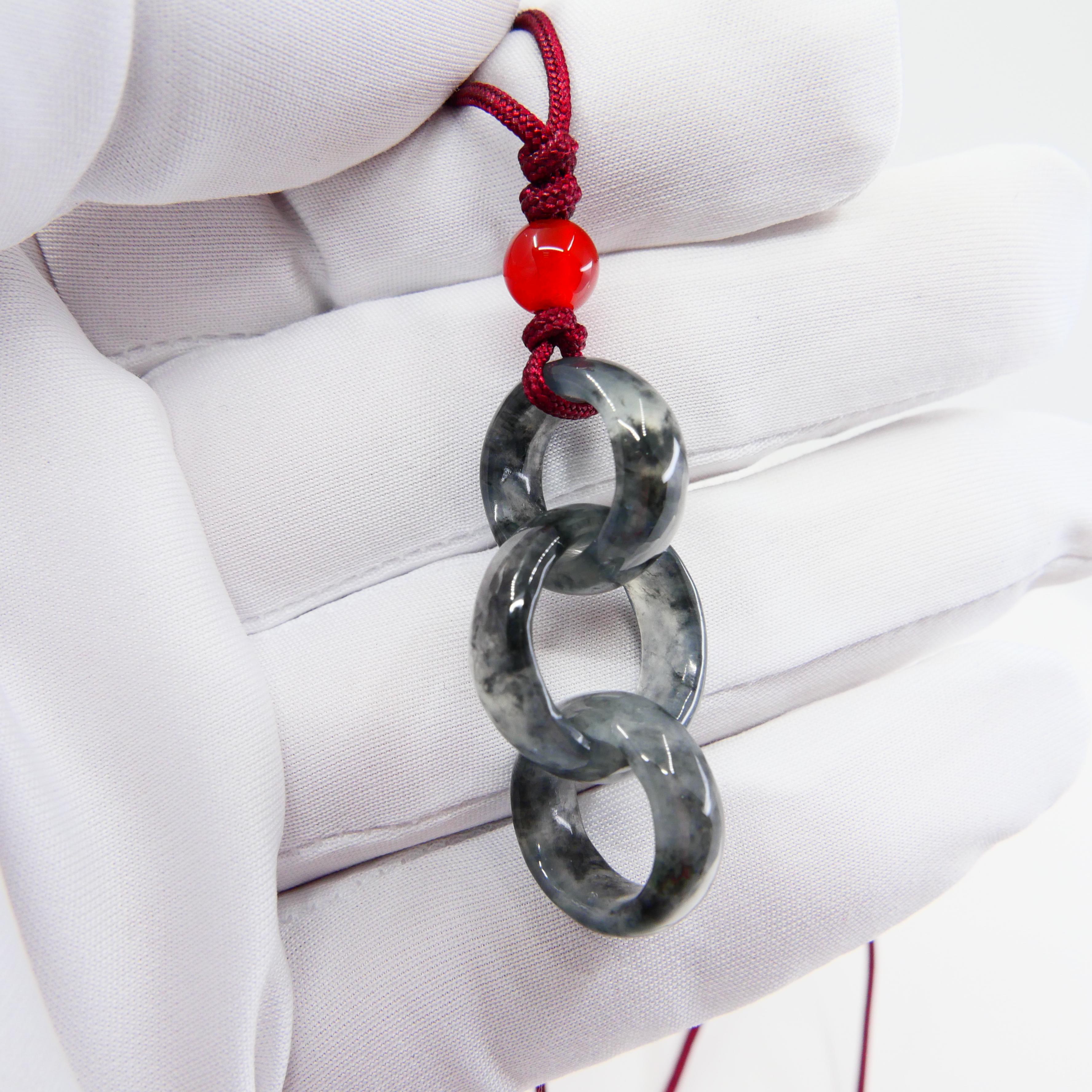 Certified Icy Black Jadeite Jade Pendant Necklace, Solid Interlocking Links 5