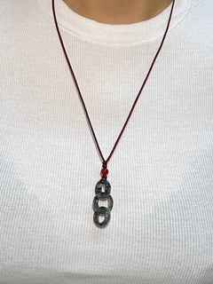 Certified Icy Black Jadeite Jade Pendant Necklace, Solid Interlocking Links