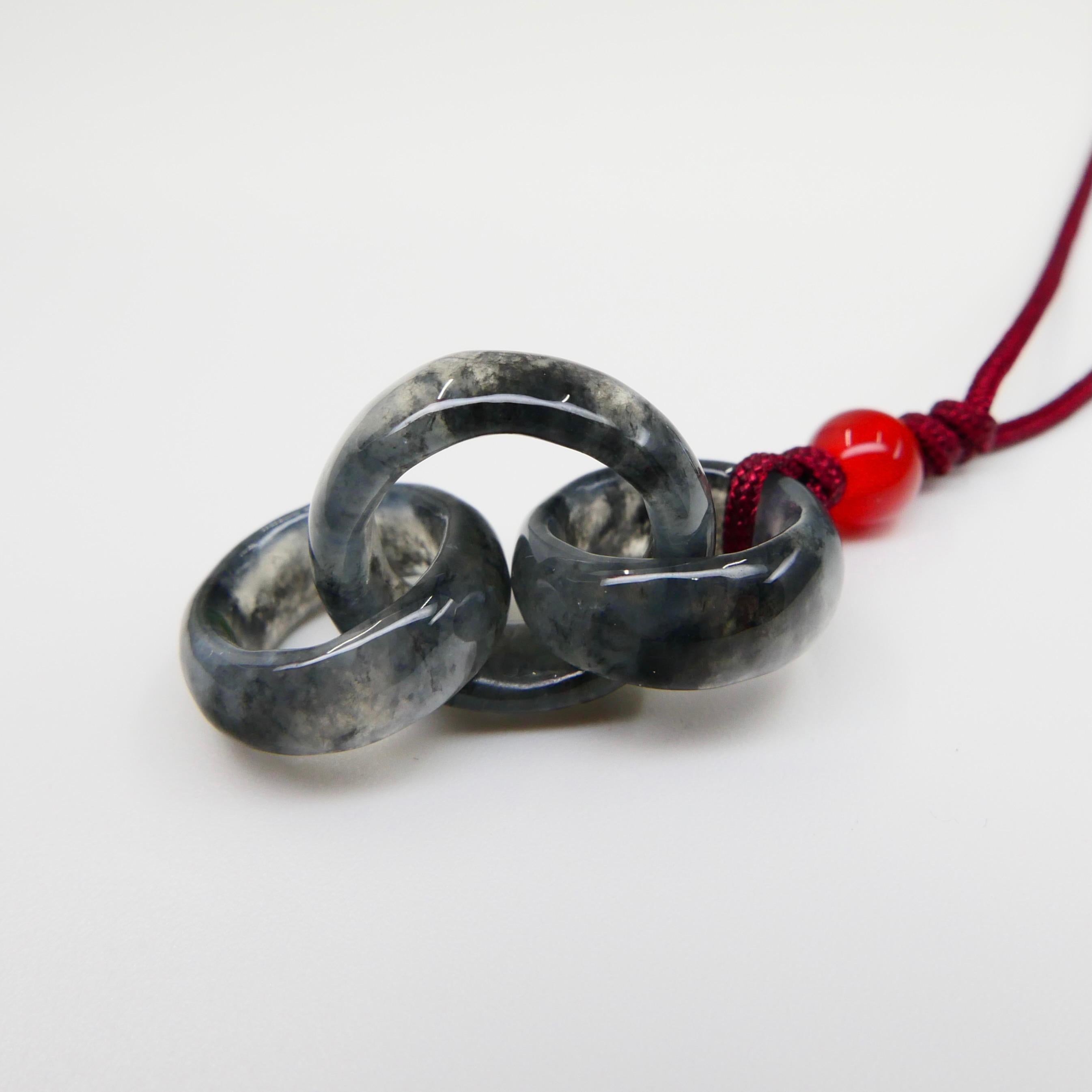 Women's or Men's Certified Icy Black Jadeite Jade Pendant Necklace, Solid Interlocking Links