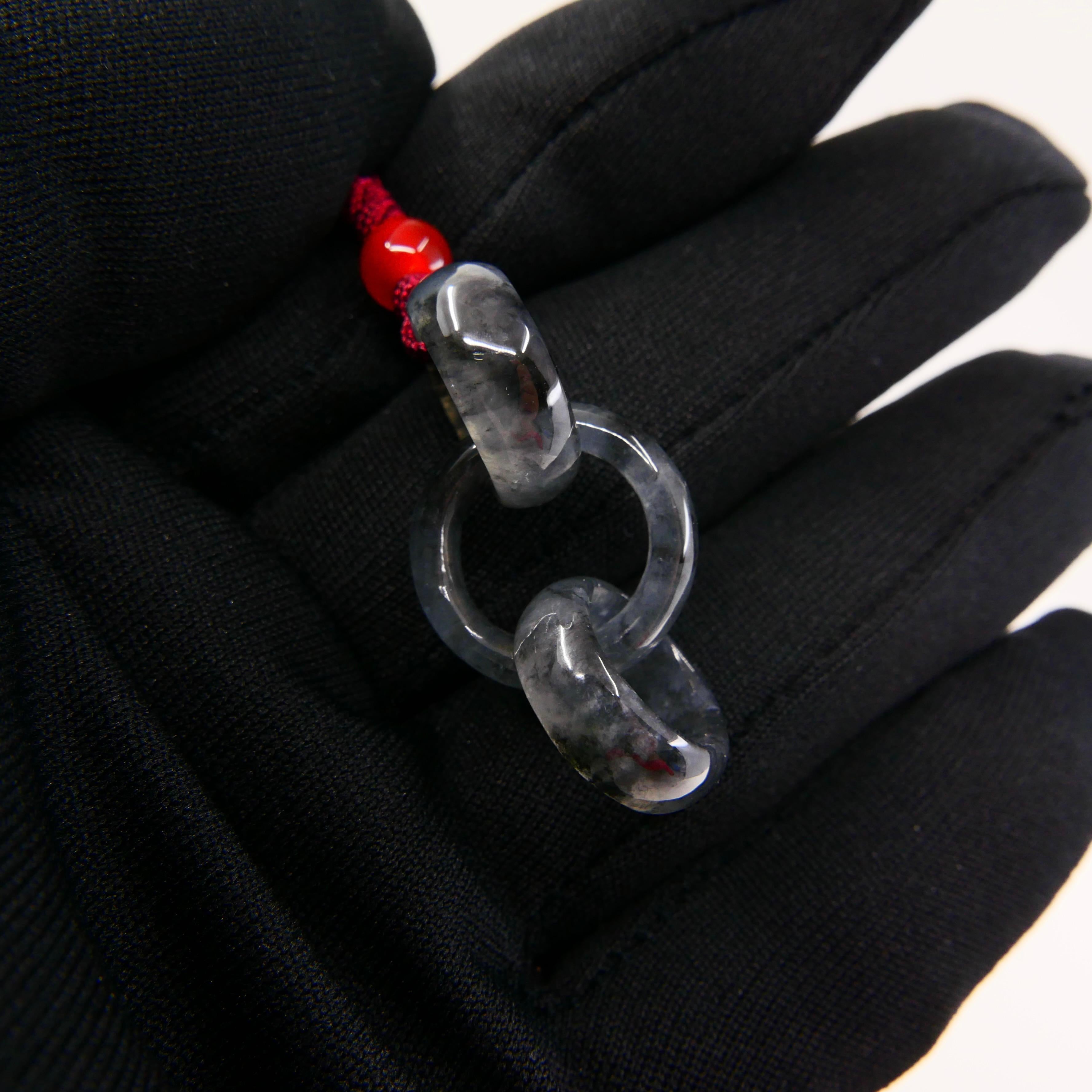 Certified Icy Black Jadeite Jade Pendant Necklace, Solid Interlocking Links 3
