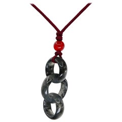 Certified Icy Black Jadeite Jade Pendant Necklace, Solid Interlocking Links