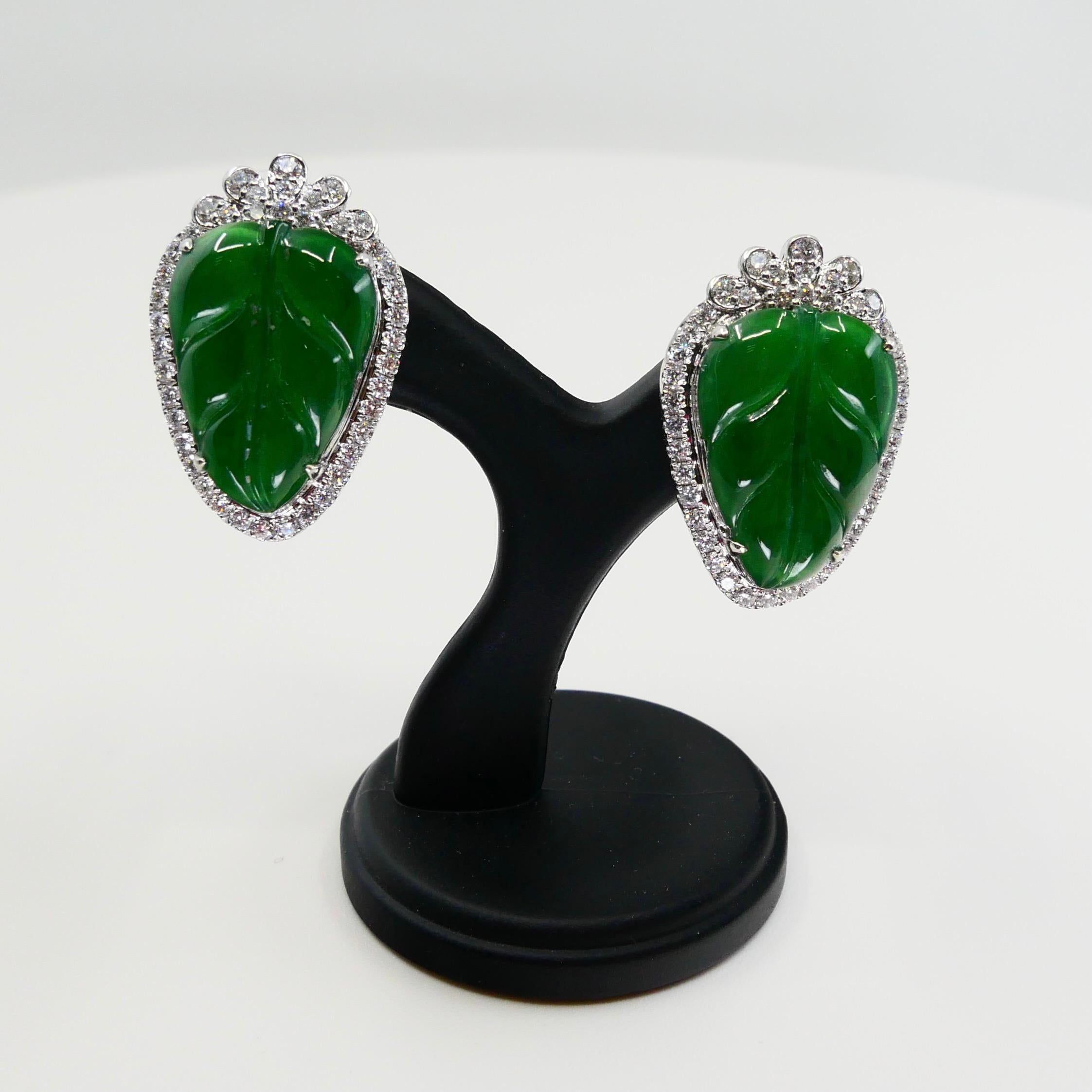 Certified Icy Imperial Green Jade and Diamond Earrings, Collector's Quality For Sale 5
