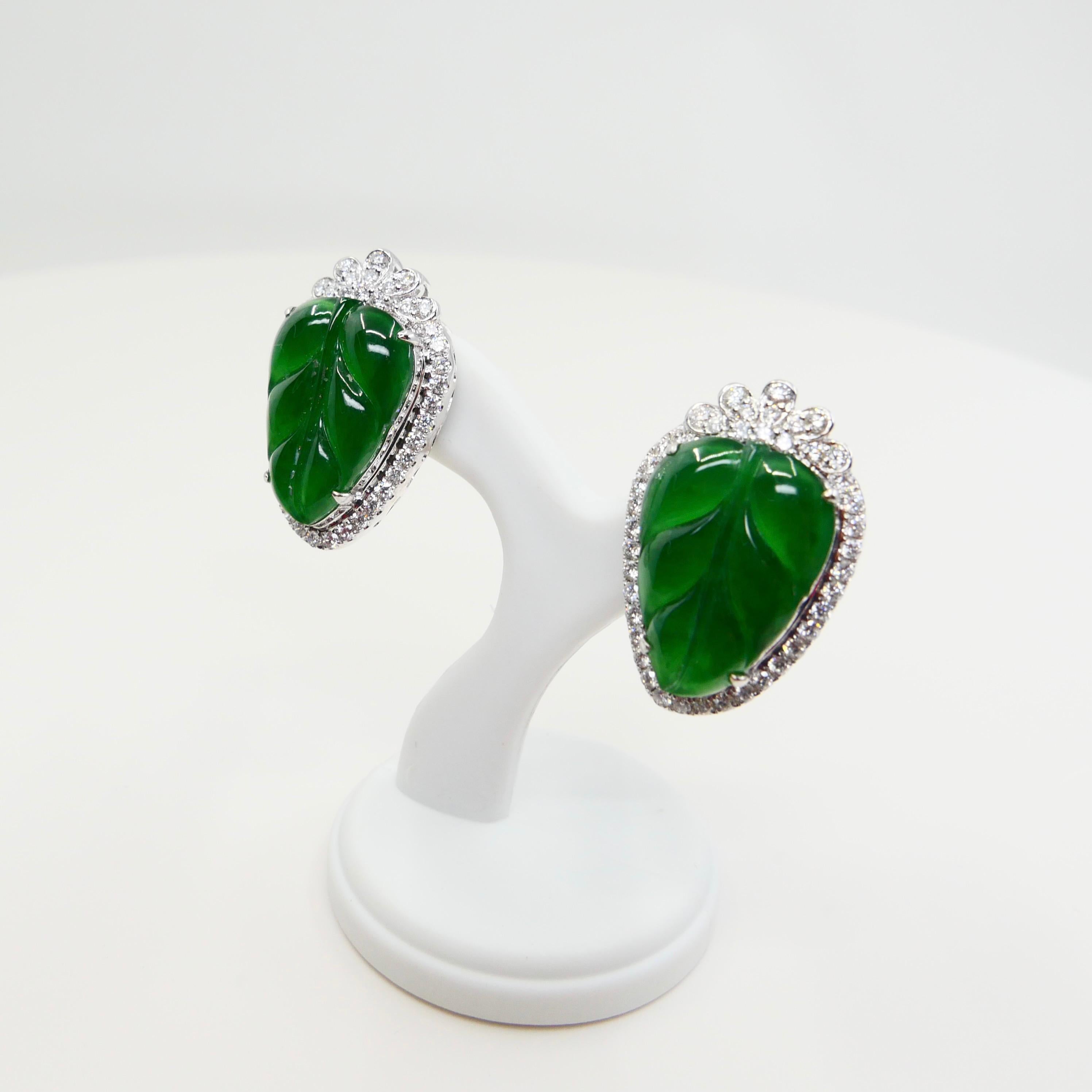 Certified Icy Imperial Green Jade and Diamond Earrings, Collector's Quality For Sale 6