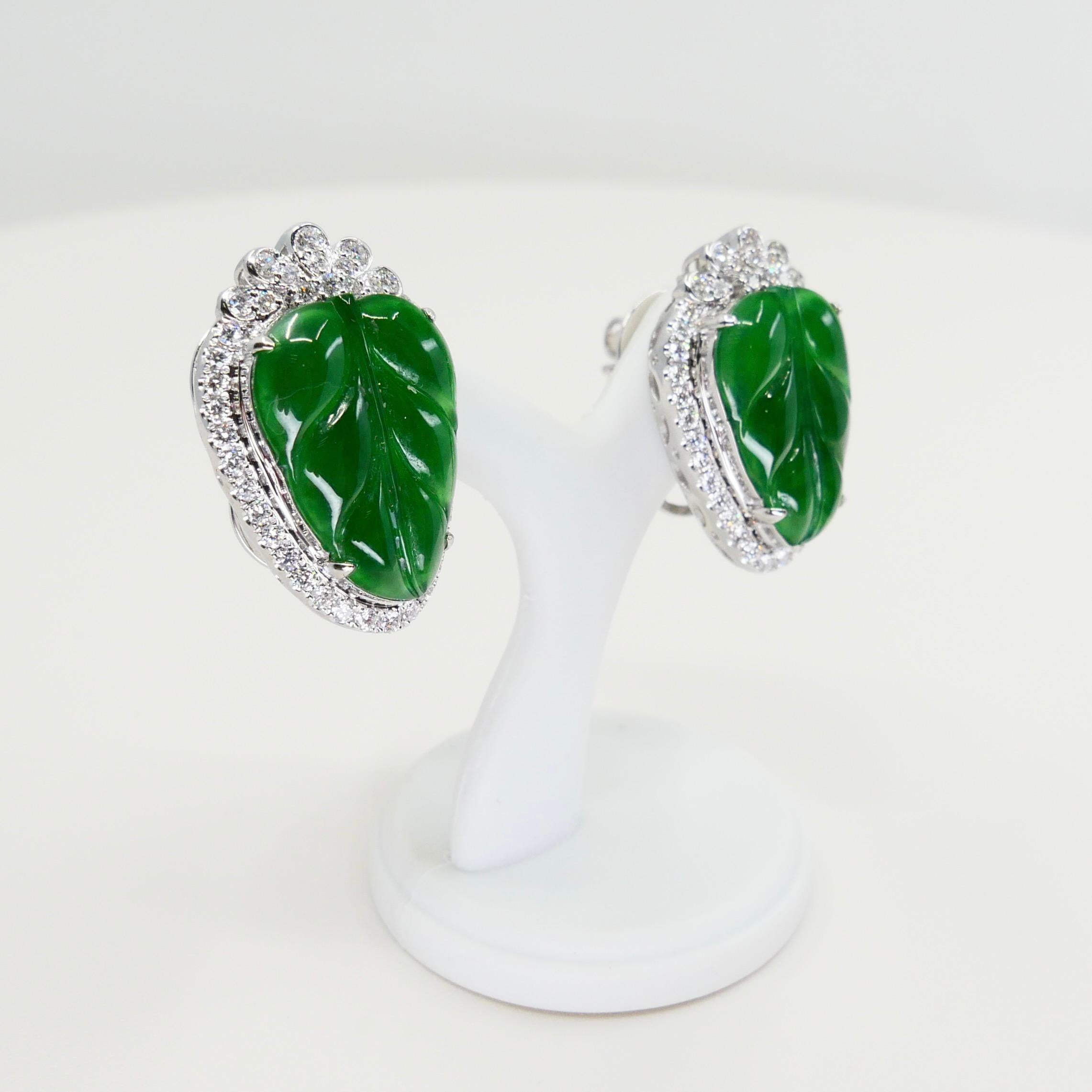Certified Icy Imperial Green Jade and Diamond Earrings, Collector's Quality For Sale 7