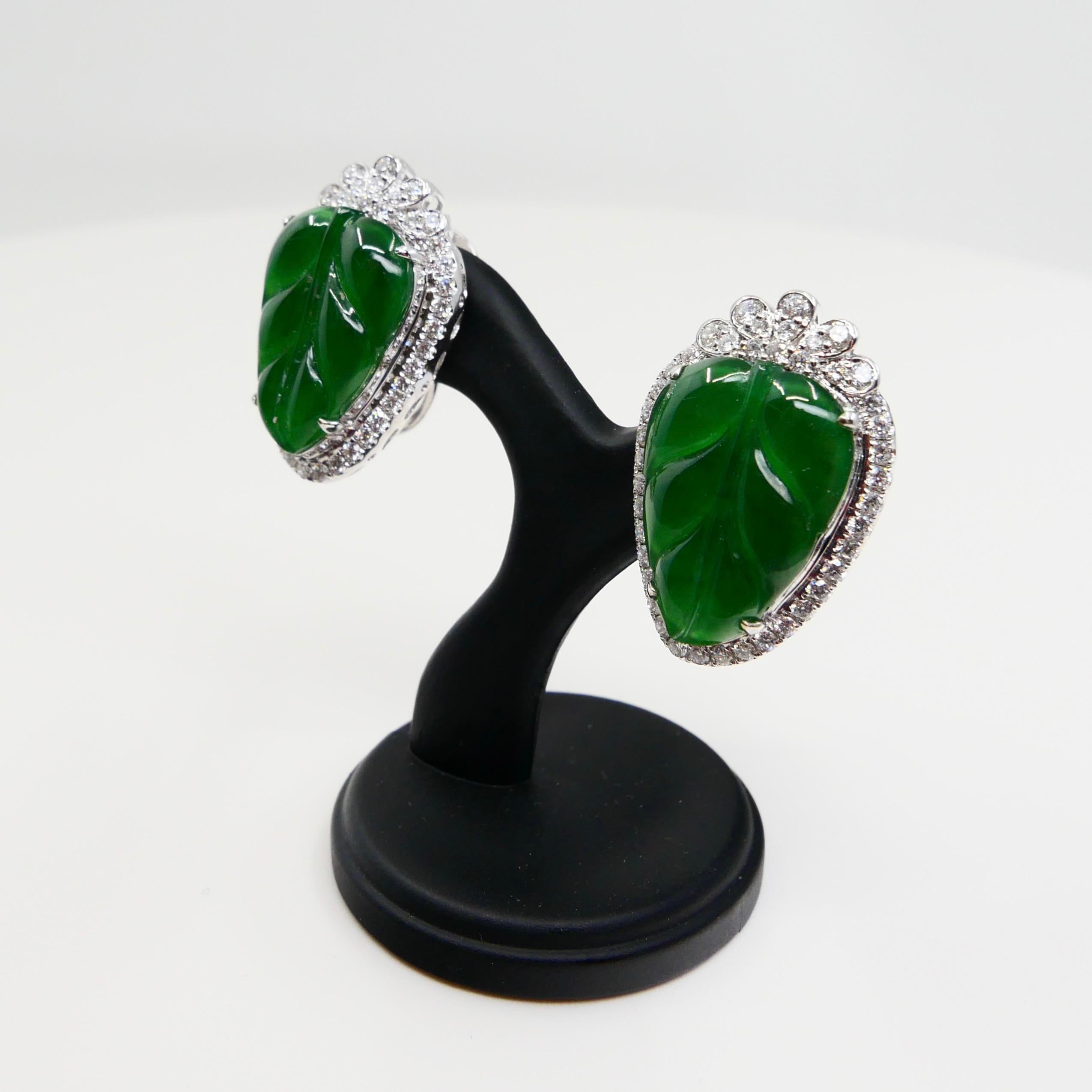 Certified Icy Imperial Green Jade and Diamond Earrings, Collector's Quality For Sale 9