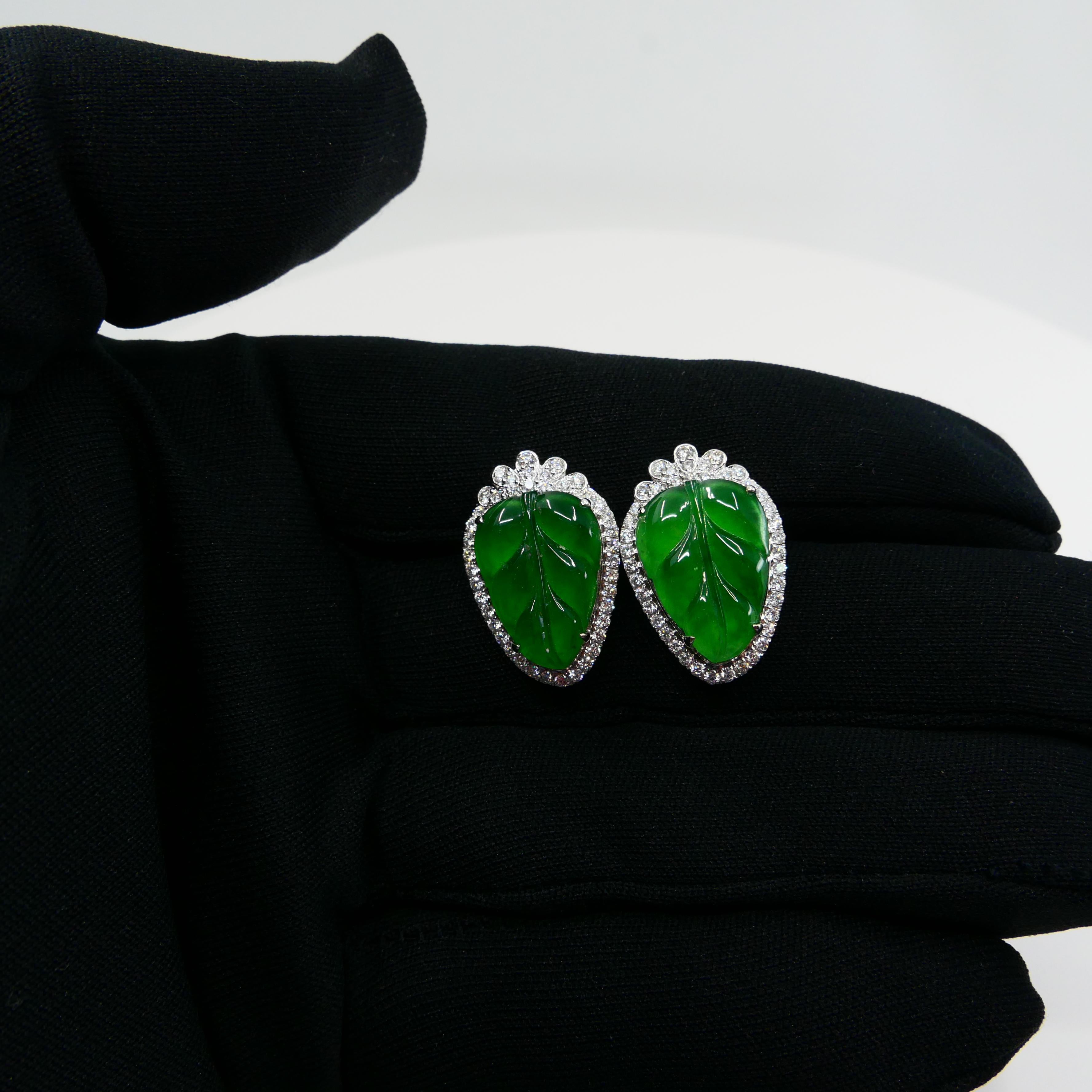 Certified Icy Imperial Green Jade and Diamond Earrings, Collector's Quality For Sale 10
