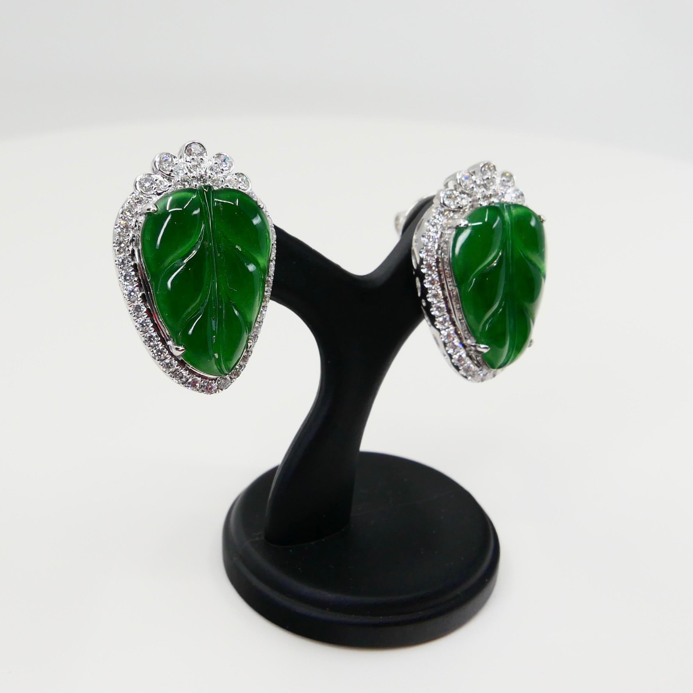 Rough Cut Certified Icy Imperial Green Jade and Diamond Earrings, Collector's Quality For Sale