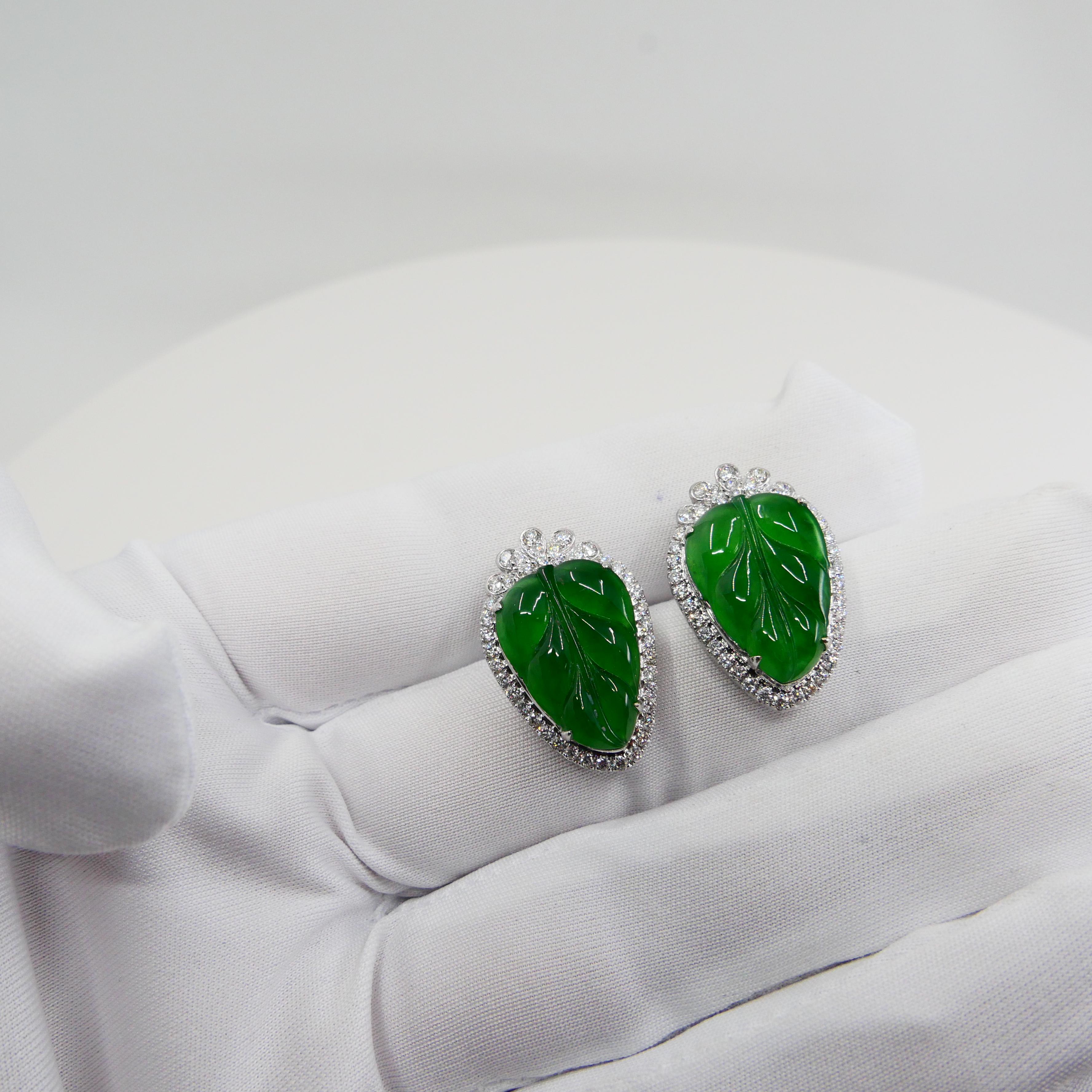 Certified Icy Imperial Green Jade and Diamond Earrings, Collector's Quality For Sale 1