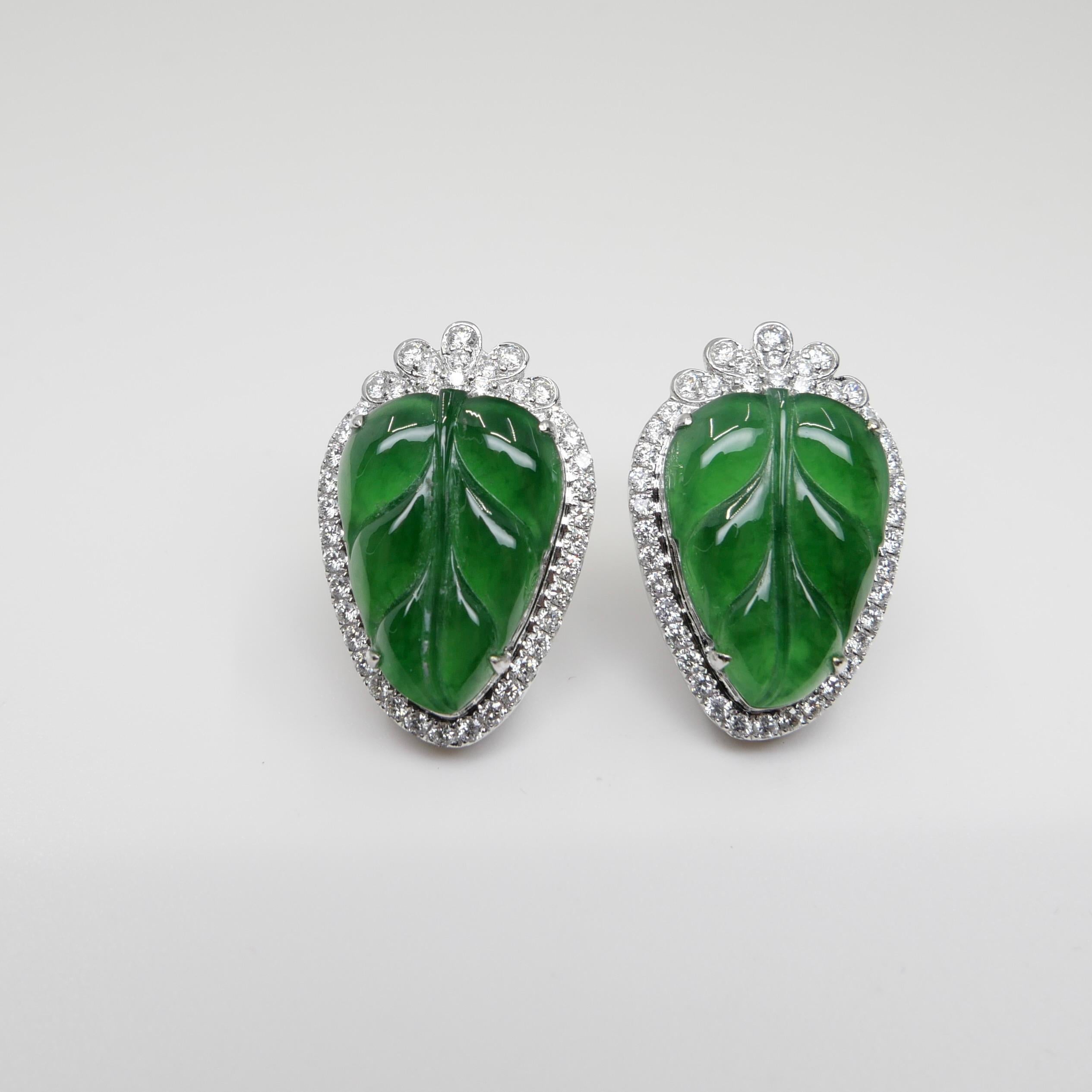 Certified Icy Imperial Green Jade and Diamond Earrings, Collector's Quality For Sale 3