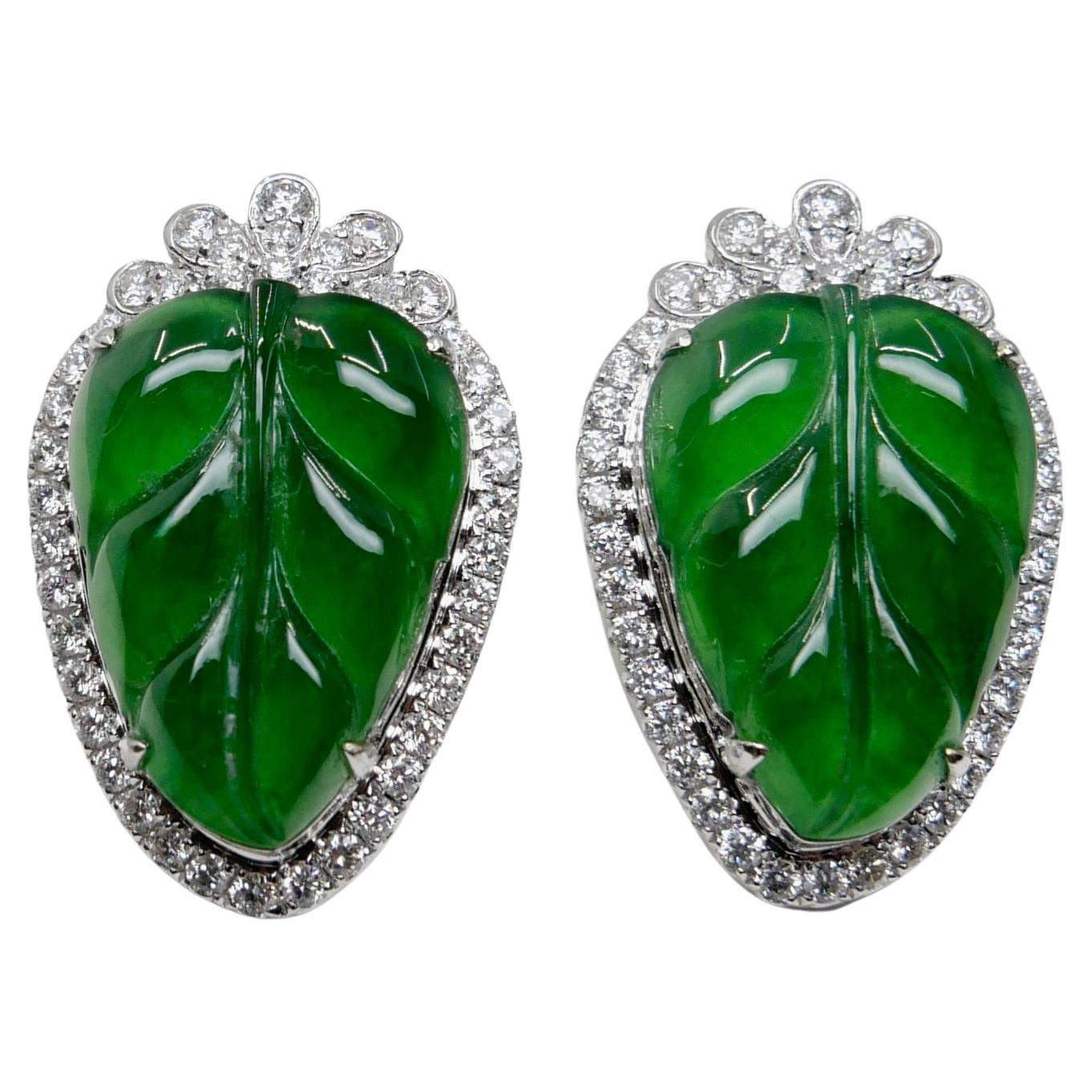 Women's Certified Icy Imperial Green Jade and Diamond Earrings, Collector's Quality For Sale