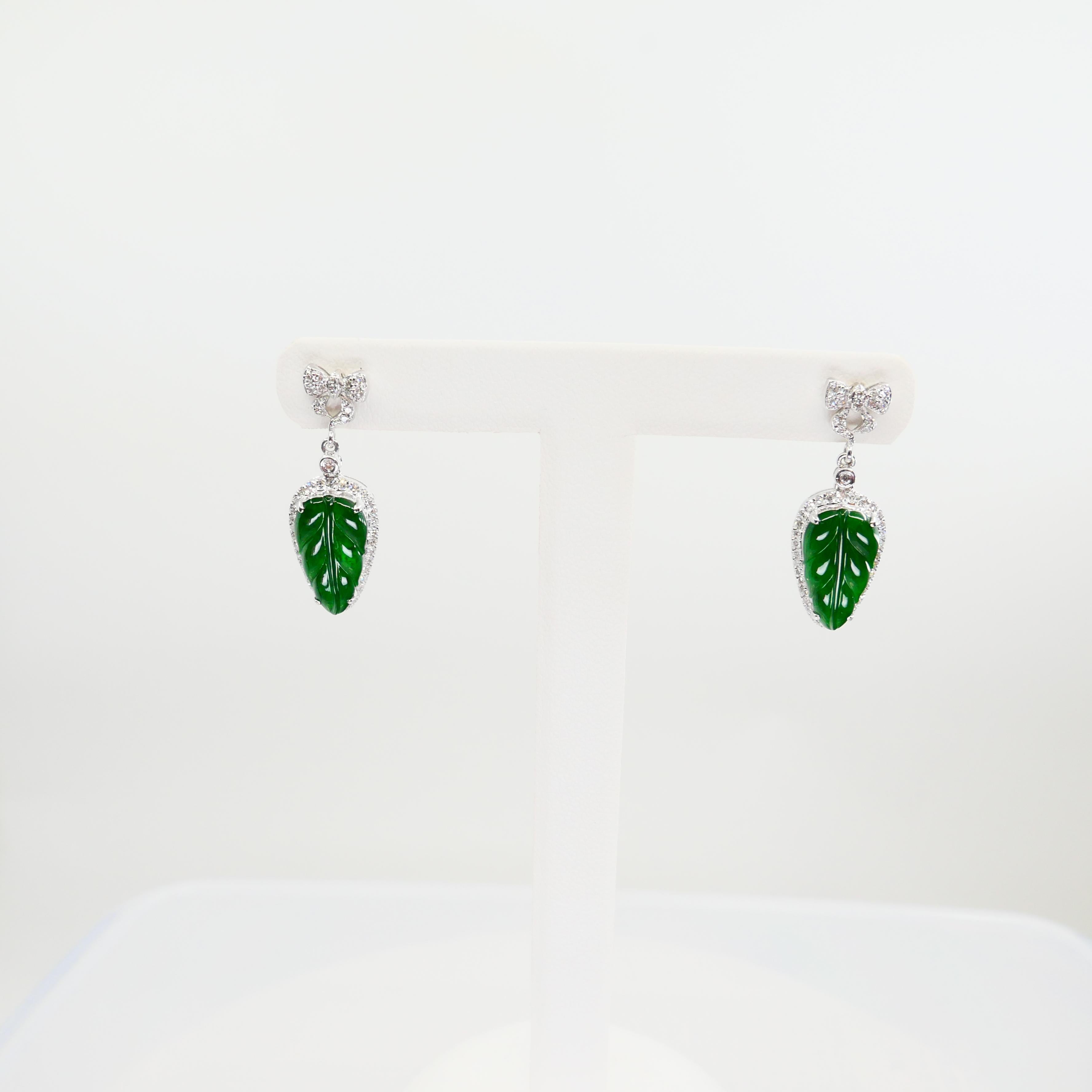 Certified Icy Imperial Green Jade & Diamond Earrings, Collector's Quality For Sale 2