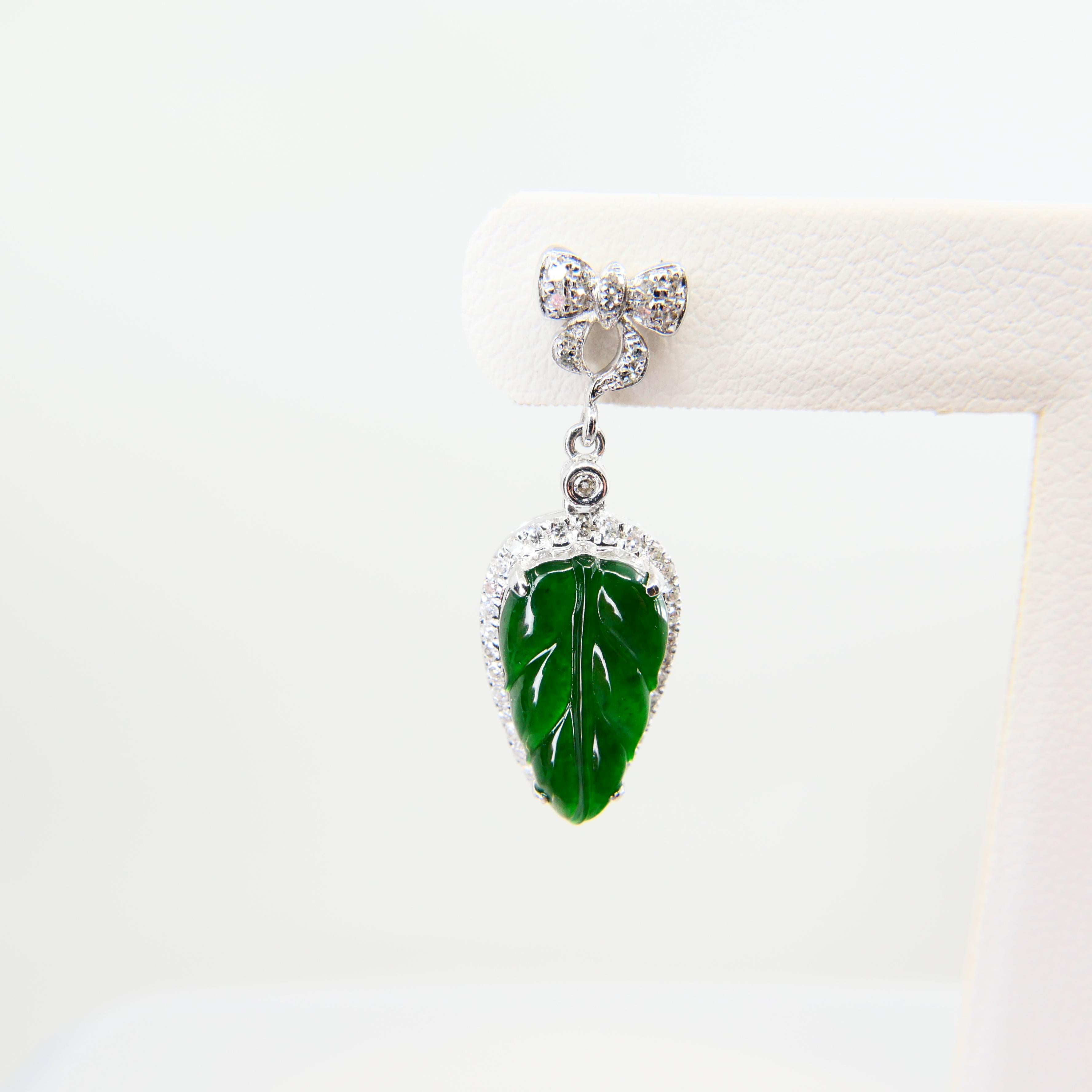 Certified Icy Imperial Green Jade & Diamond Earrings, Collector's Quality For Sale 3