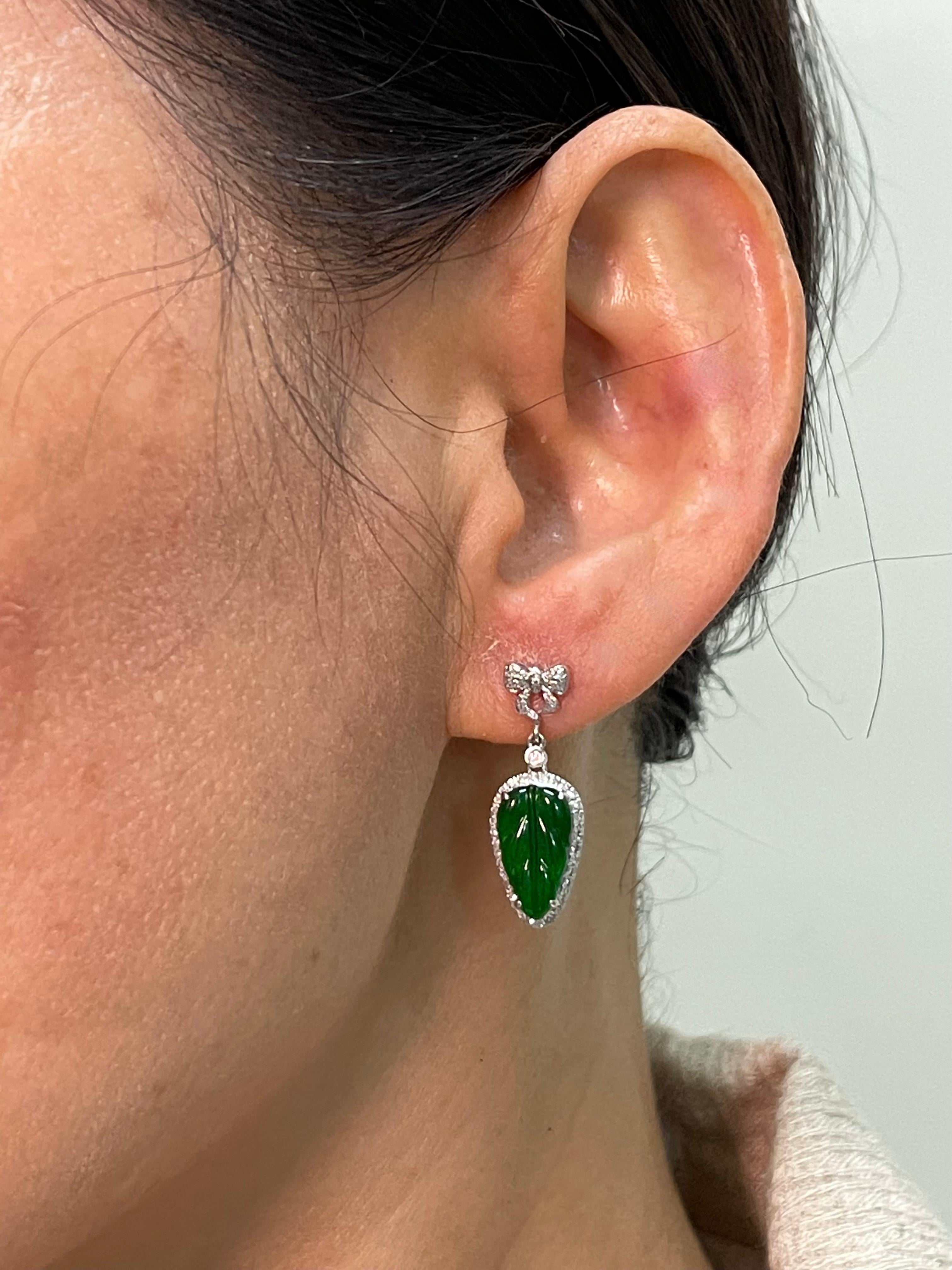 Certified Icy Imperial Green Jade & Diamond Earrings, Collector's Quality For Sale 5